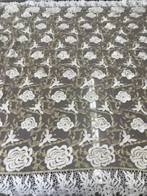 2 Tone Rose Flowers Lace On Mesh Fabric With Guipure Edges By The Yard Used For Dress-Bridal-Decorations [off white]
