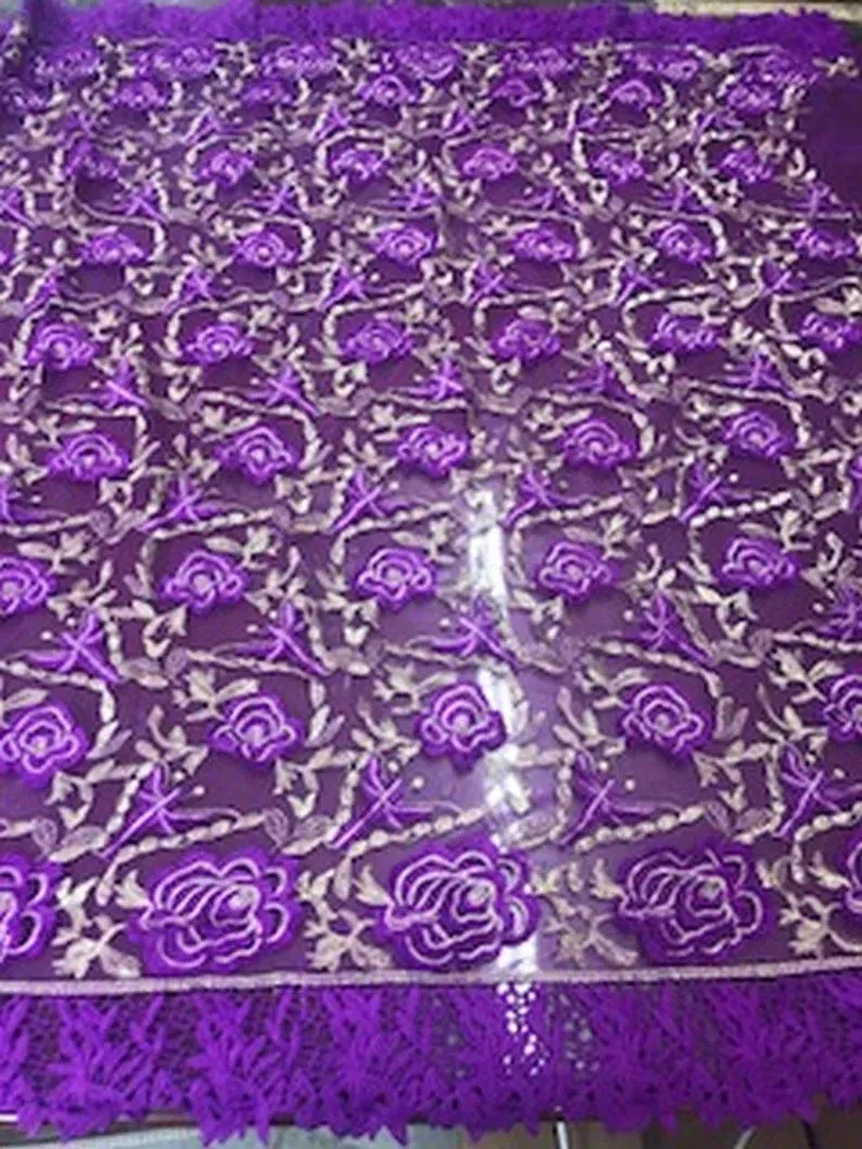 2 Tone Rose Flowers Lace On Mesh Fabric With Guipure Edges By The Yard Used For Dress-Bridal-Decorations [Purple]