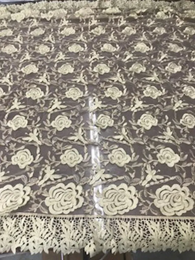 2 Tone Rose Flowers Lace On Mesh Fabric With Guipure Edges By The Yard Used For Dress-Bridal-Decorations [Sand]