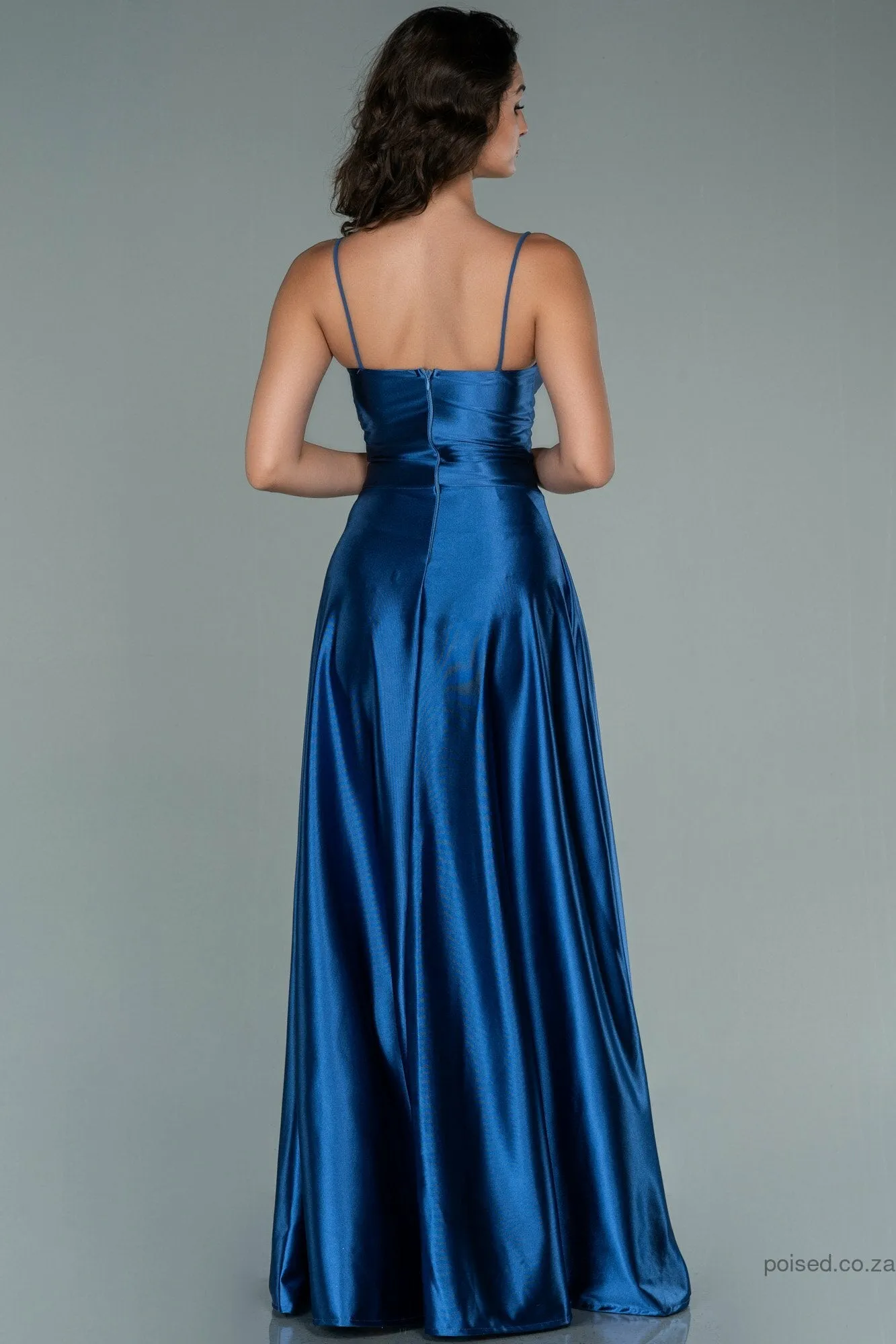 29890 Blue Sheer Neckline Slit Satin Dress