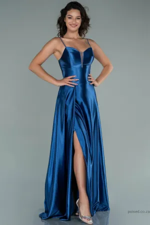 29890 Blue Sheer Neckline Slit Satin Dress