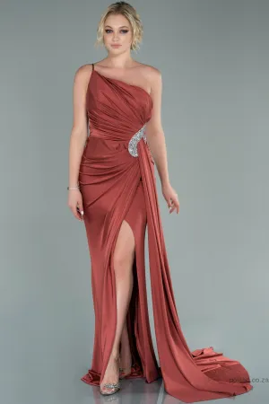 29894 Burnt Cinnamon One Shoulder Draped Crystal Detail Slit Dress
