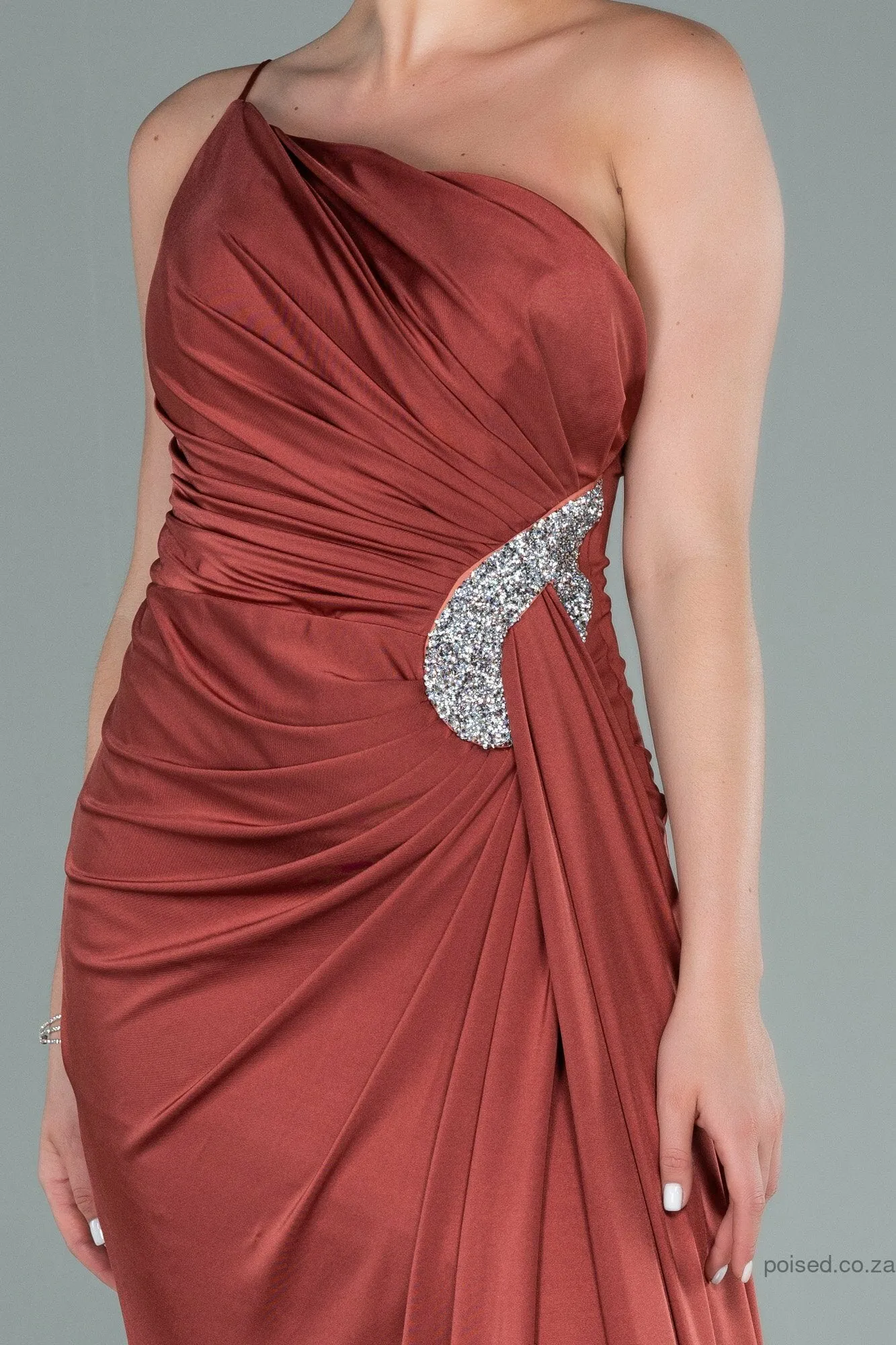 29894 Burnt Cinnamon One Shoulder Draped Crystal Detail Slit Dress