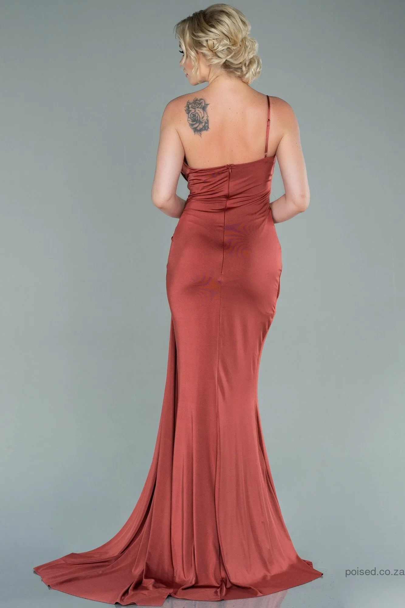 29894 Burnt Cinnamon One Shoulder Draped Crystal Detail Slit Dress