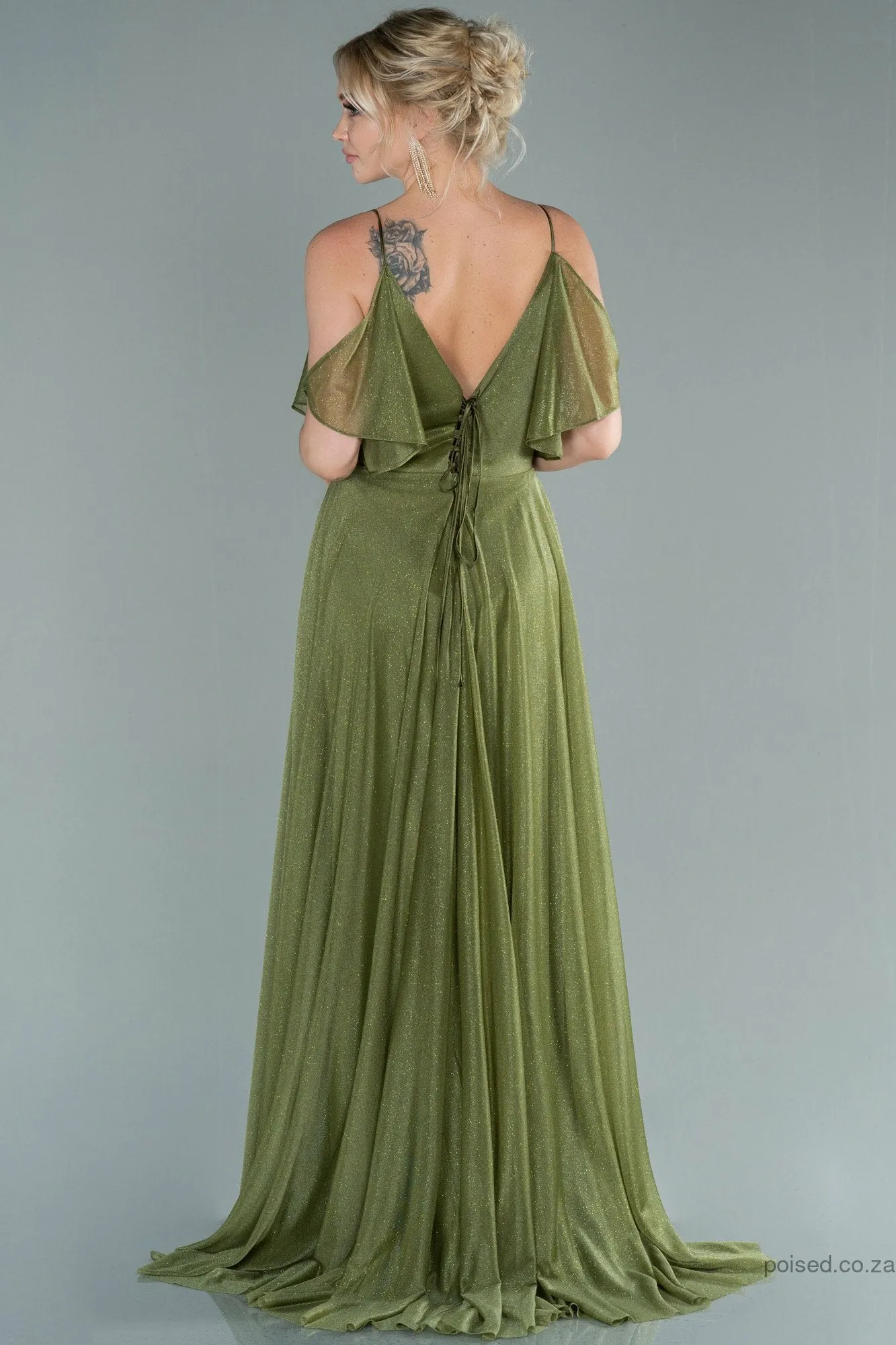 29901 Olive Green Cold Shoulder Shimmer Tulle Dress