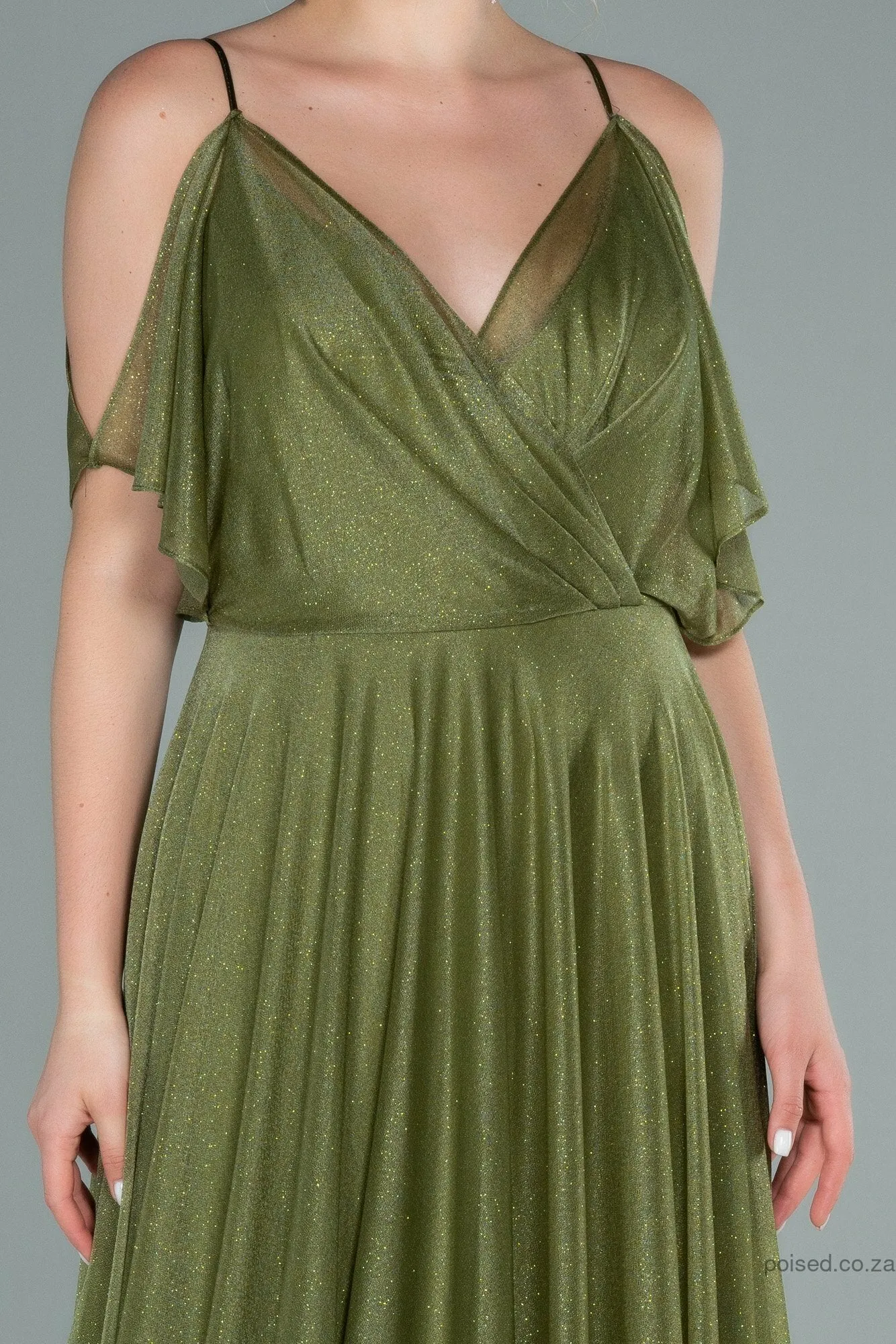 29901 Olive Green Cold Shoulder Shimmer Tulle Dress