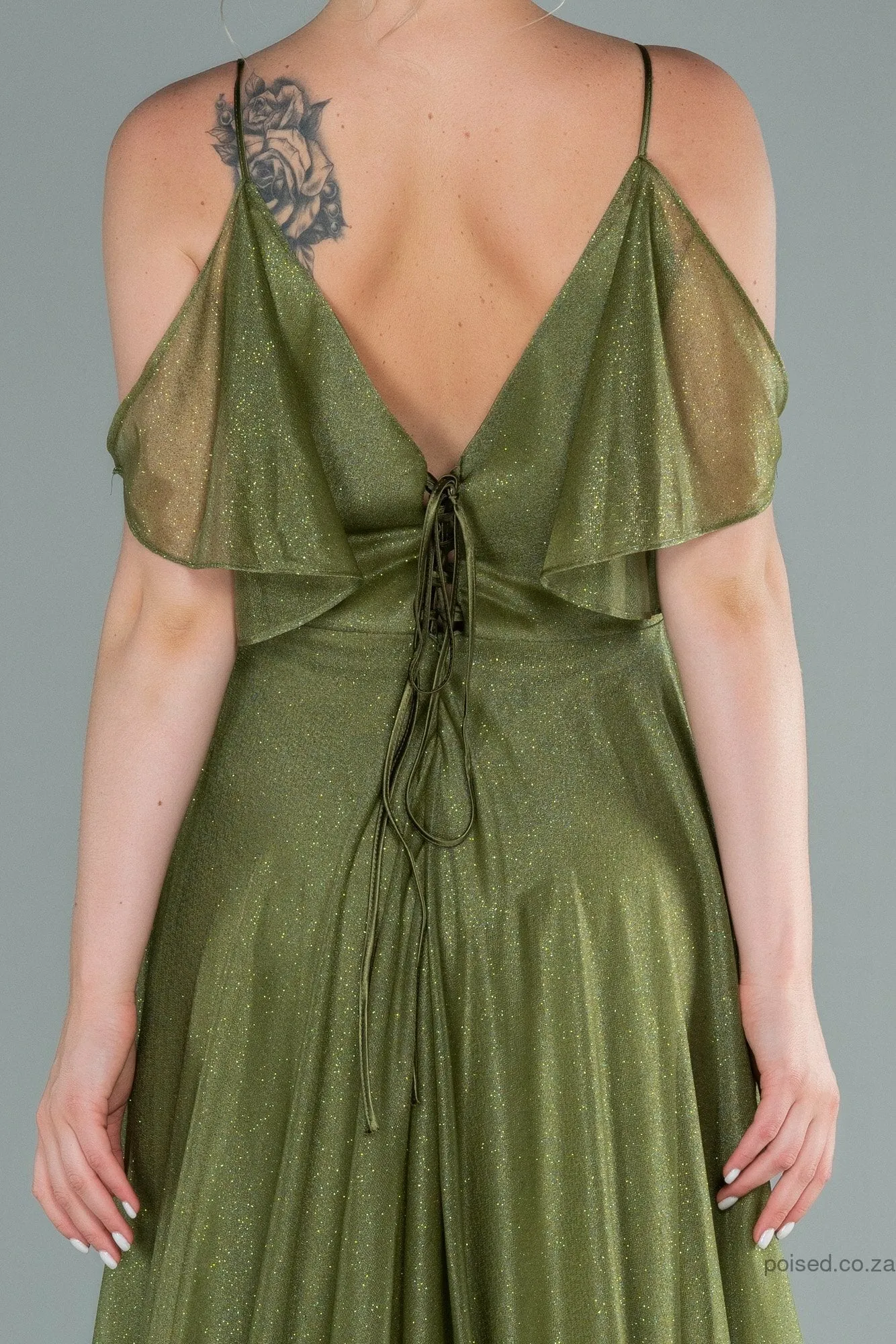 29901 Olive Green Cold Shoulder Shimmer Tulle Dress