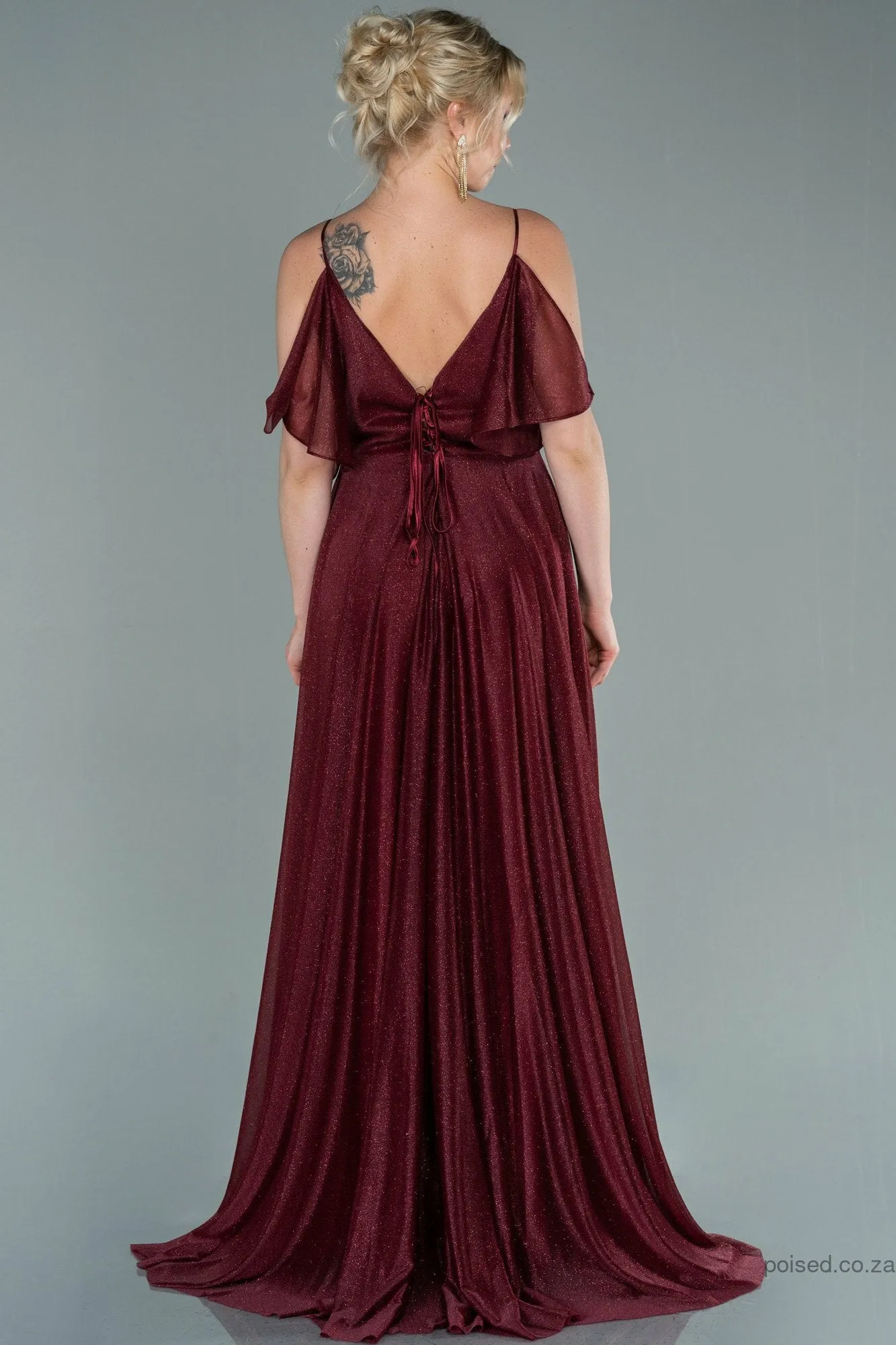 29902 Burgundy Cold Shoulder Shimmer Tulle Dress