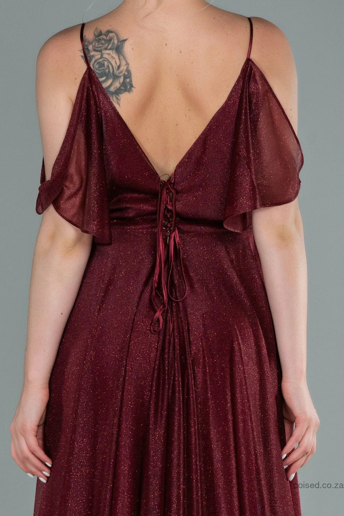 29902 Burgundy Cold Shoulder Shimmer Tulle Dress