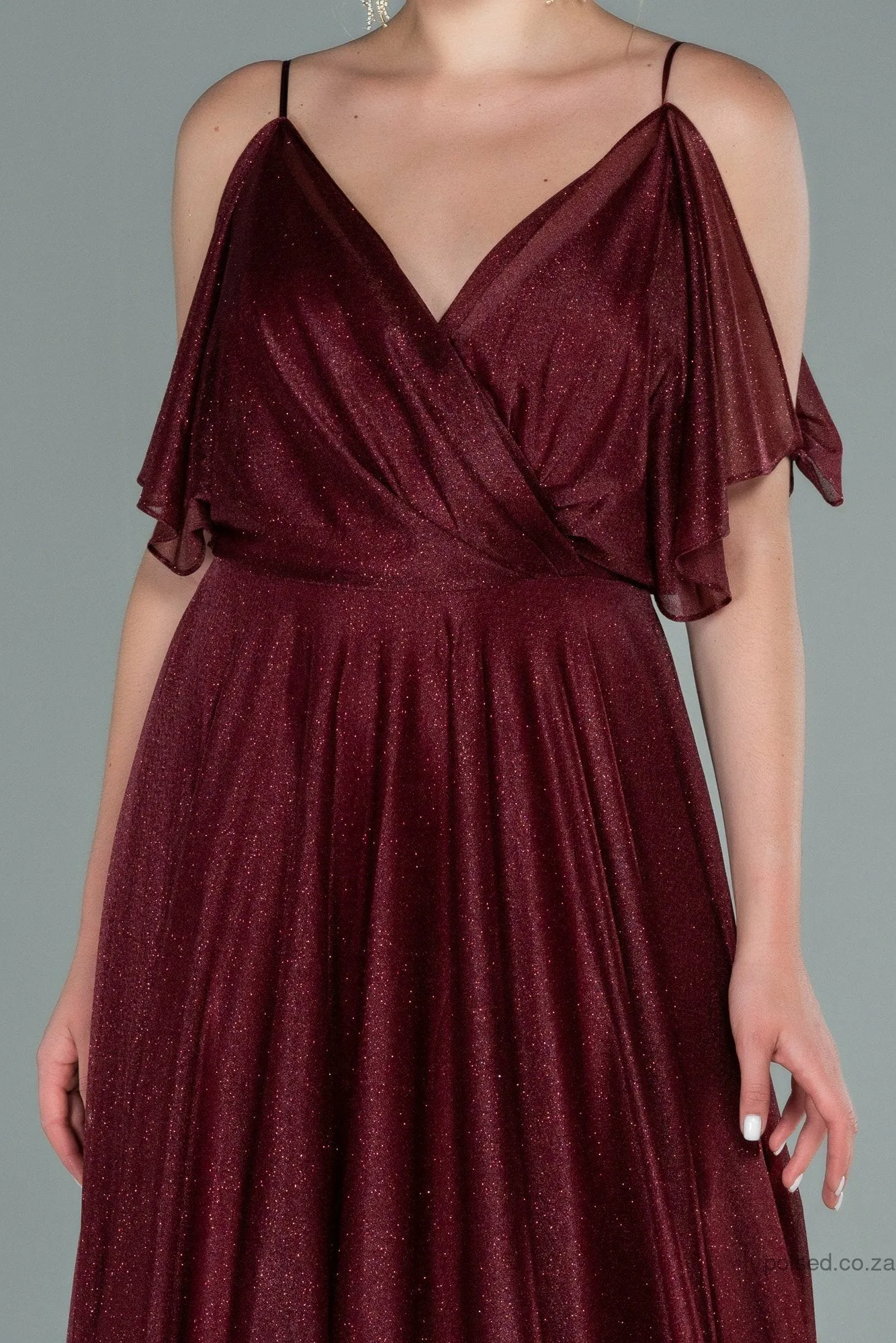 29902 Burgundy Cold Shoulder Shimmer Tulle Dress