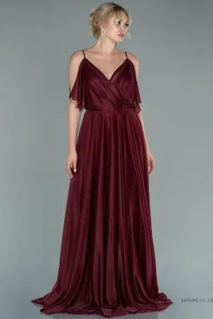 29902 Burgundy Cold Shoulder Shimmer Tulle Dress