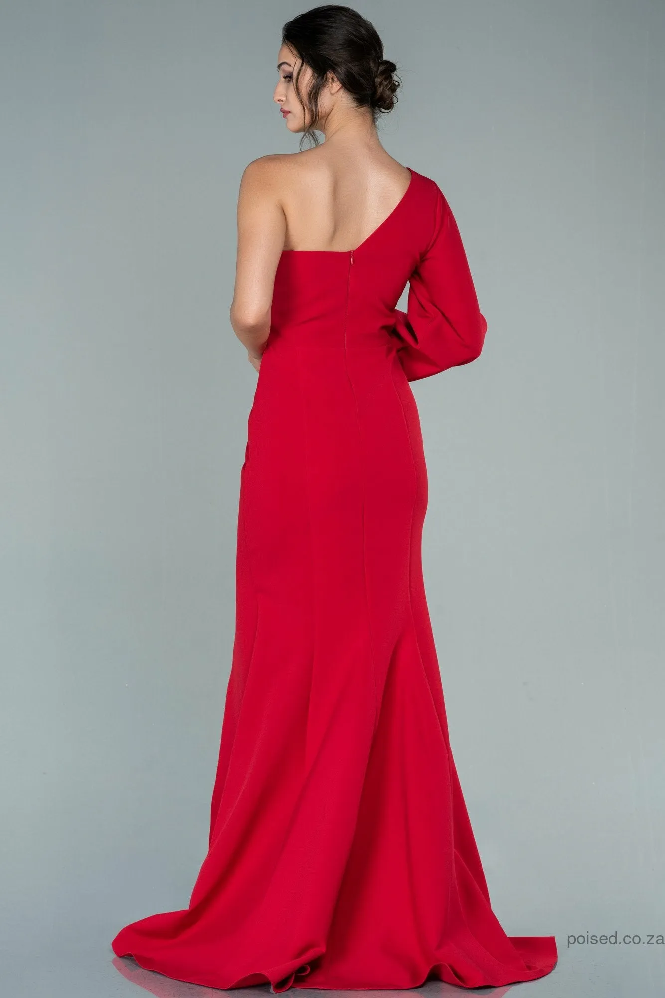 29914 Red Plain One Sleeve Slit Mermaid Dress