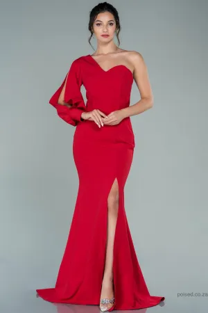 29914 Red Plain One Sleeve Slit Mermaid Dress