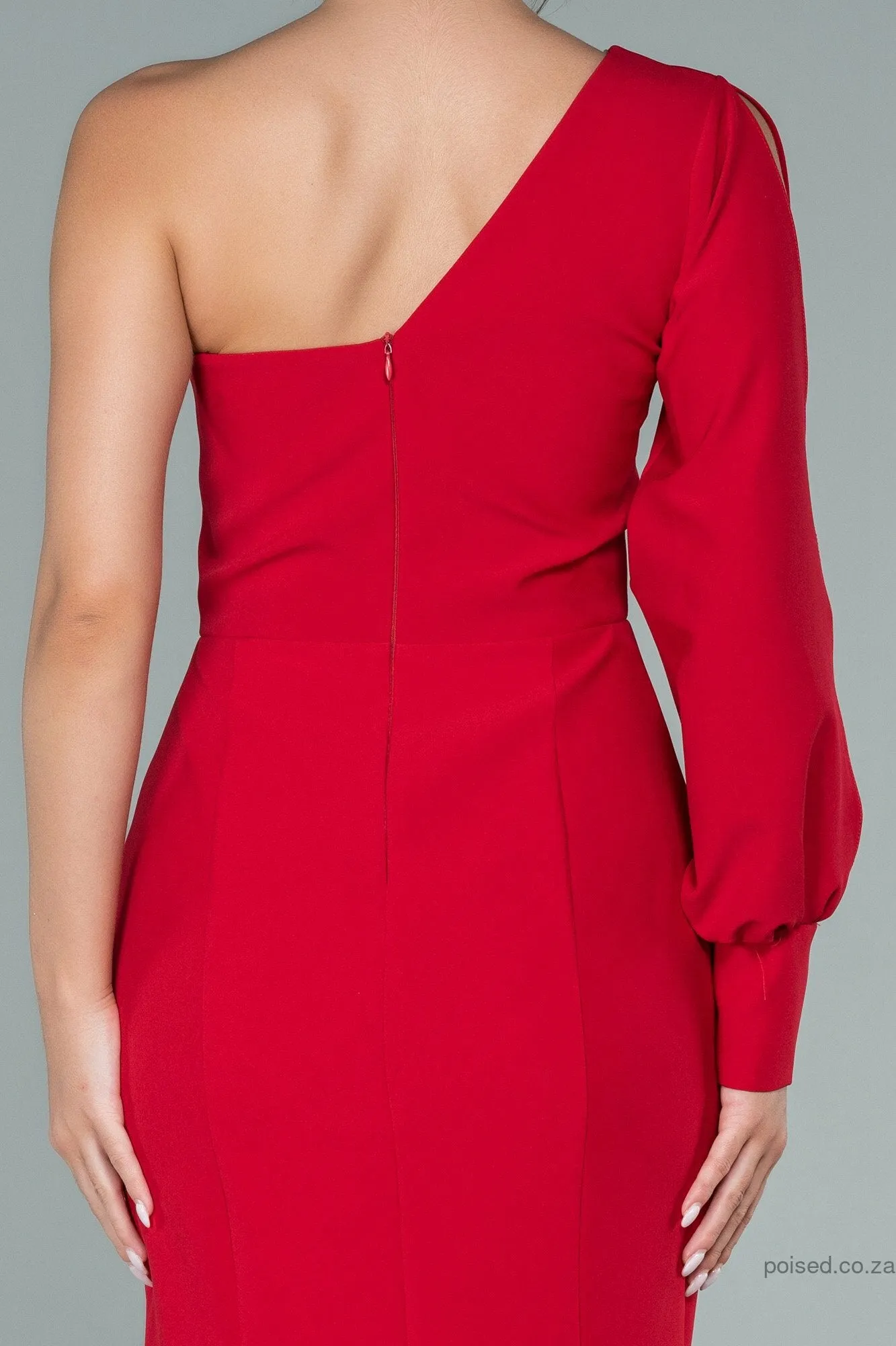 29914 Red Plain One Sleeve Slit Mermaid Dress