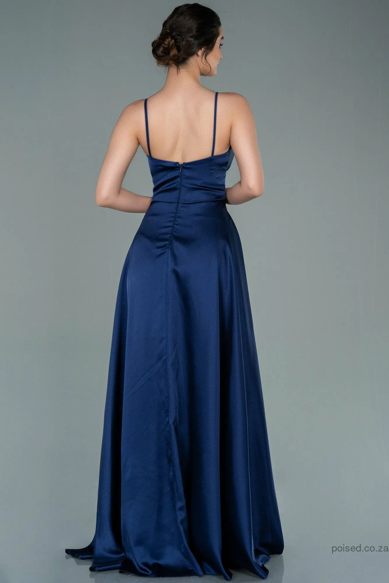 29927 Navy Blue Draped Strap Satin Dress