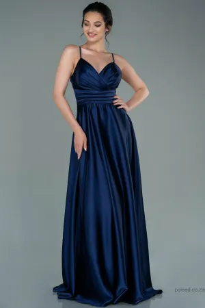 29927 Navy Blue Draped Strap Satin Dress