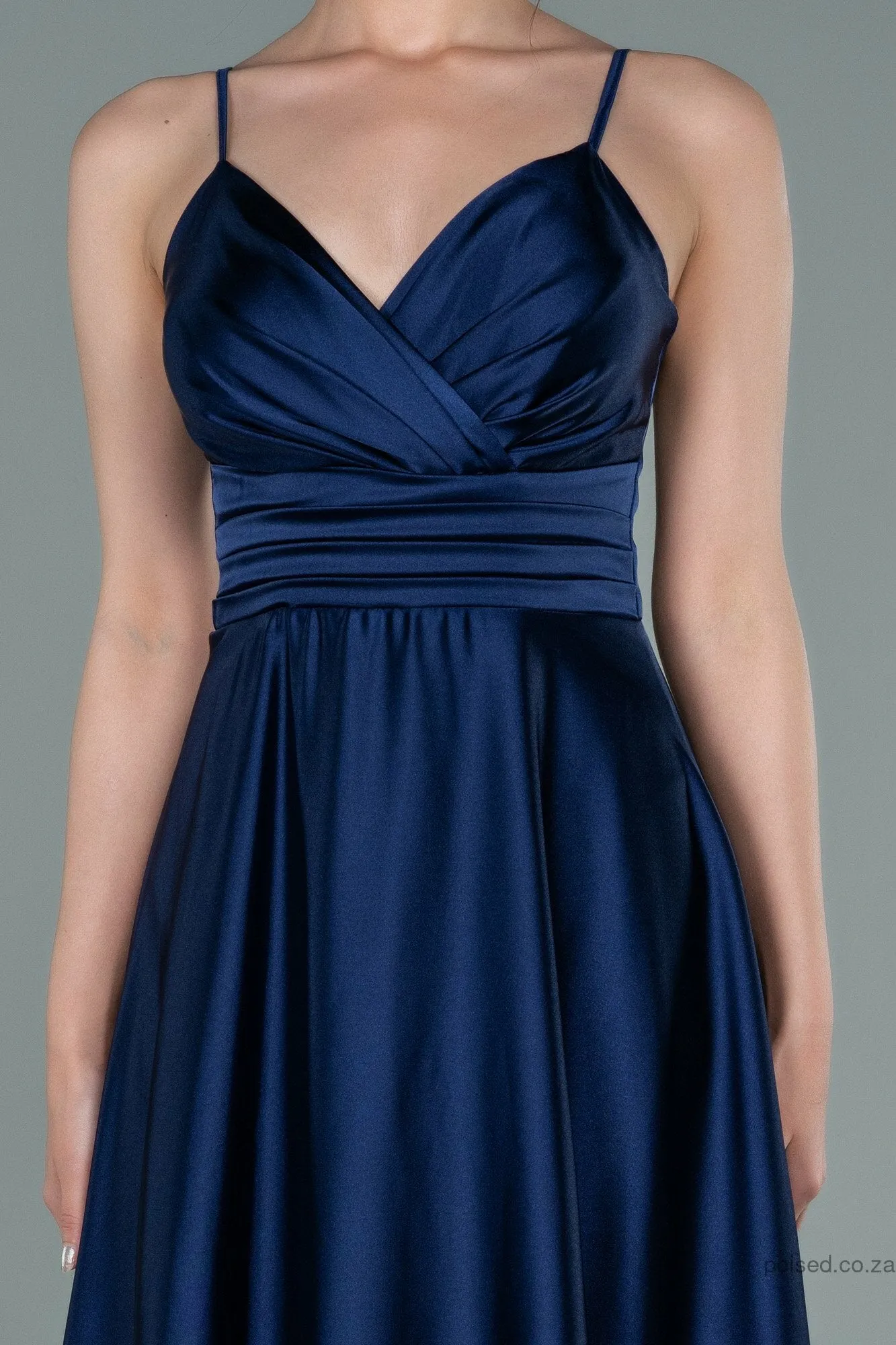 29927 Navy Blue Draped Strap Satin Dress