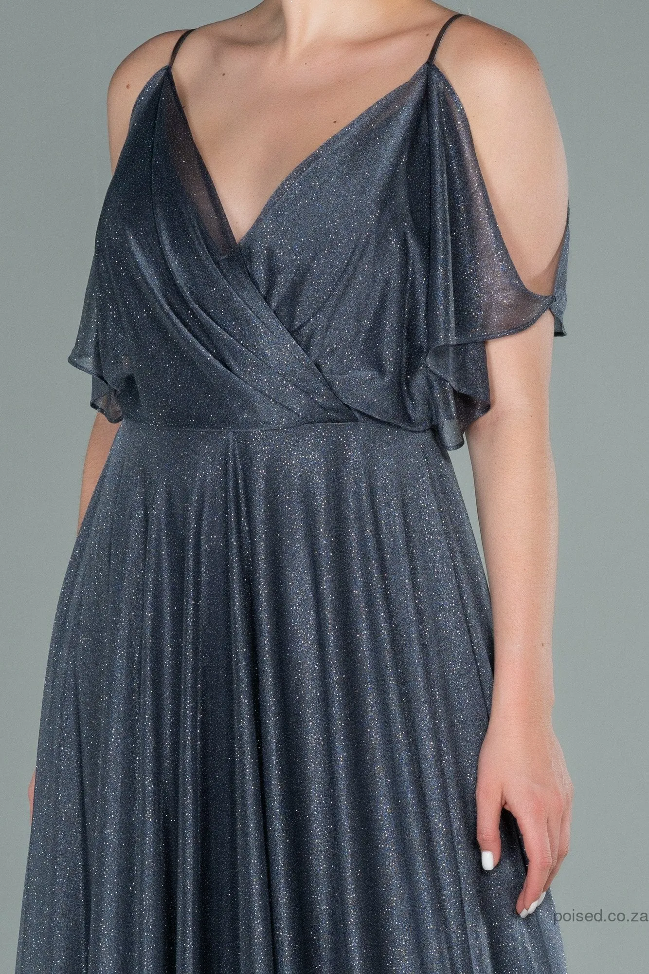 29930 Grey Cold Shoulder Shimmer Tulle Dress