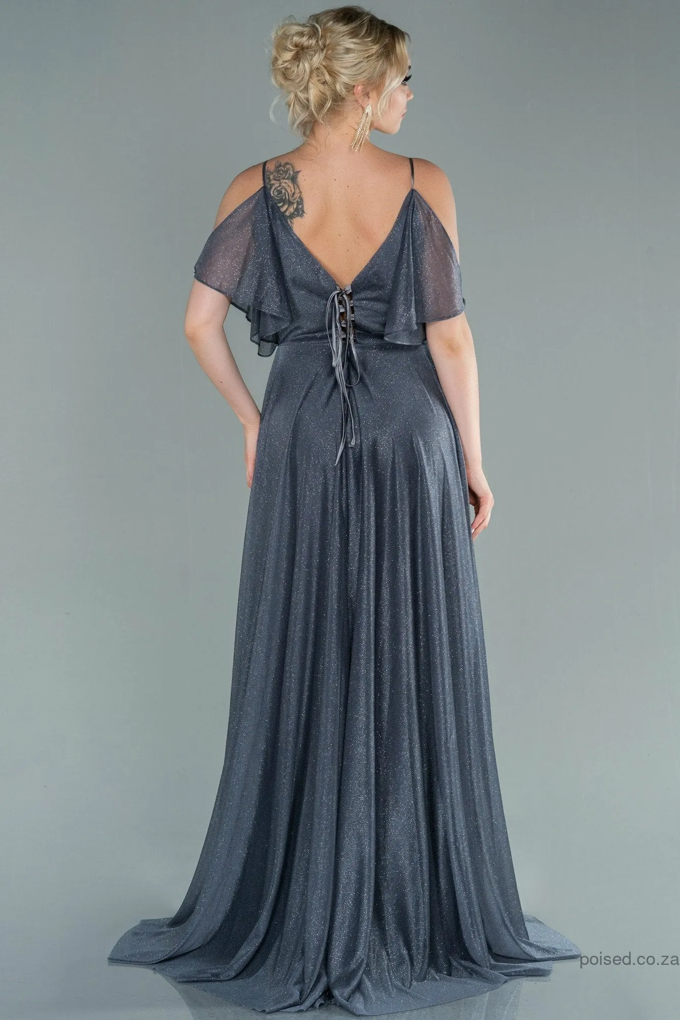 29930 Grey Cold Shoulder Shimmer Tulle Dress