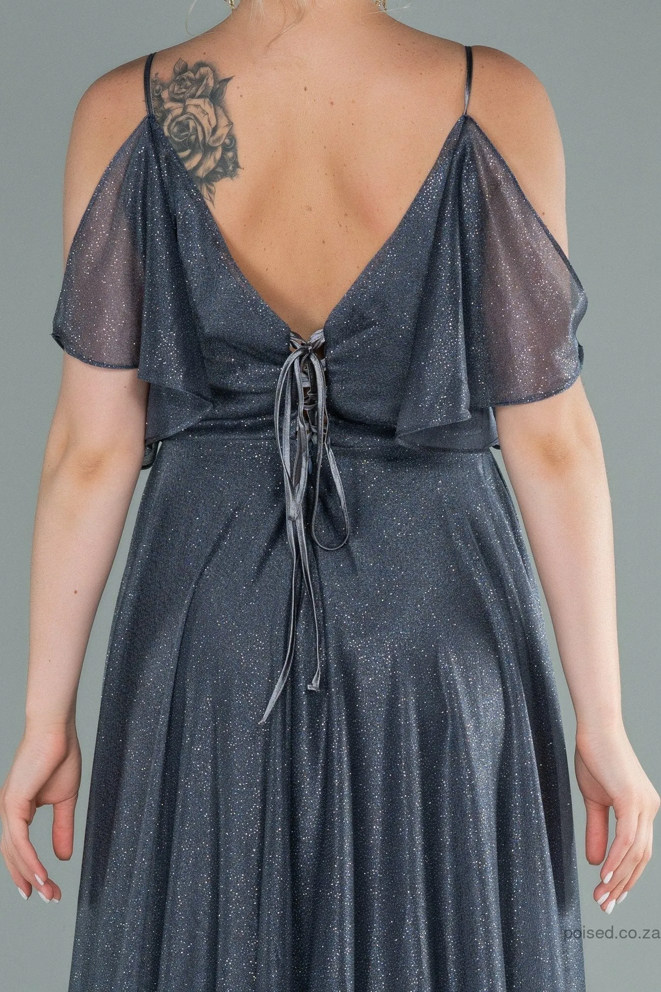 29930 Grey Cold Shoulder Shimmer Tulle Dress