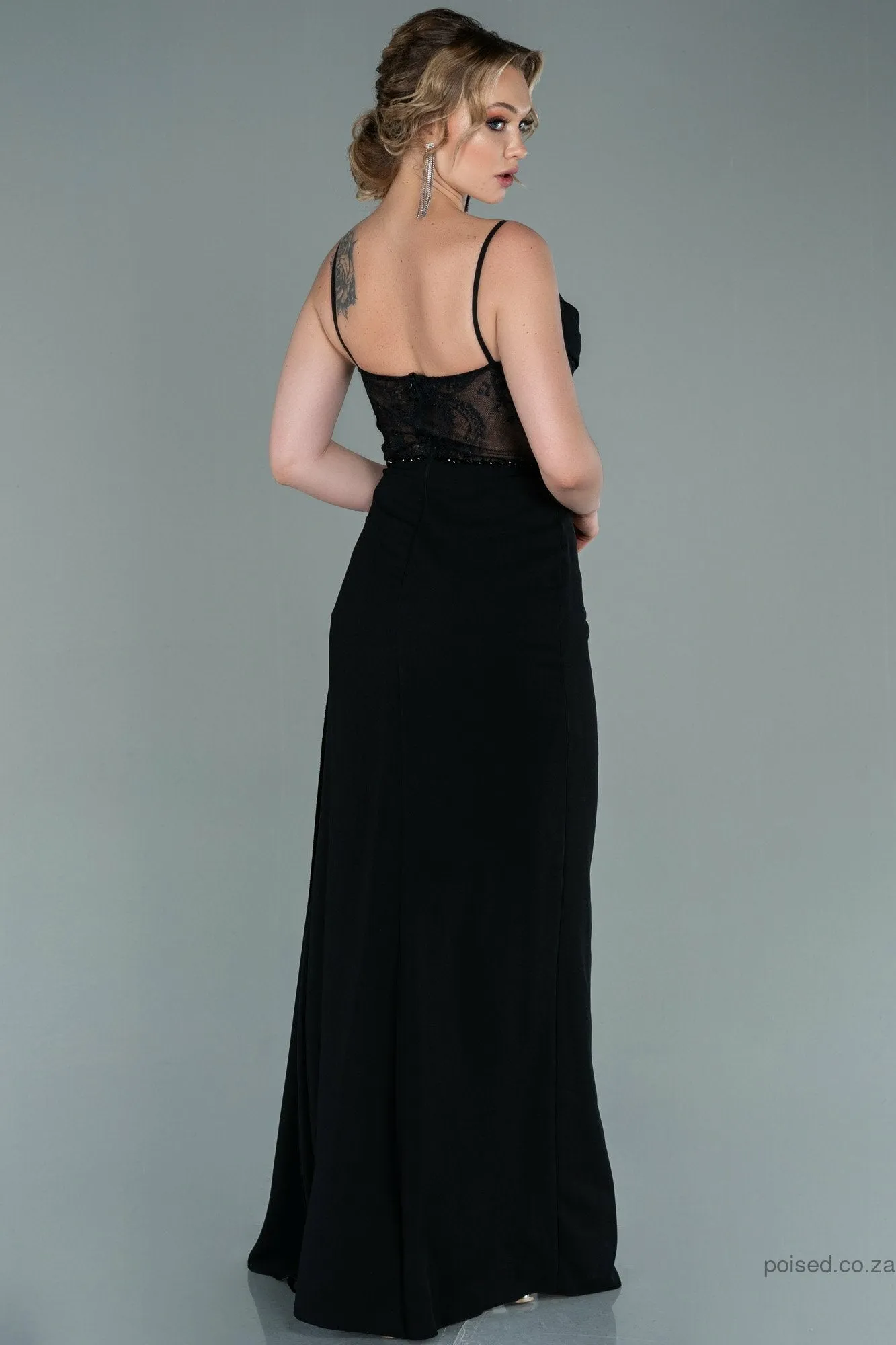 29931 Black Transparent Lace Draped Slit Dress