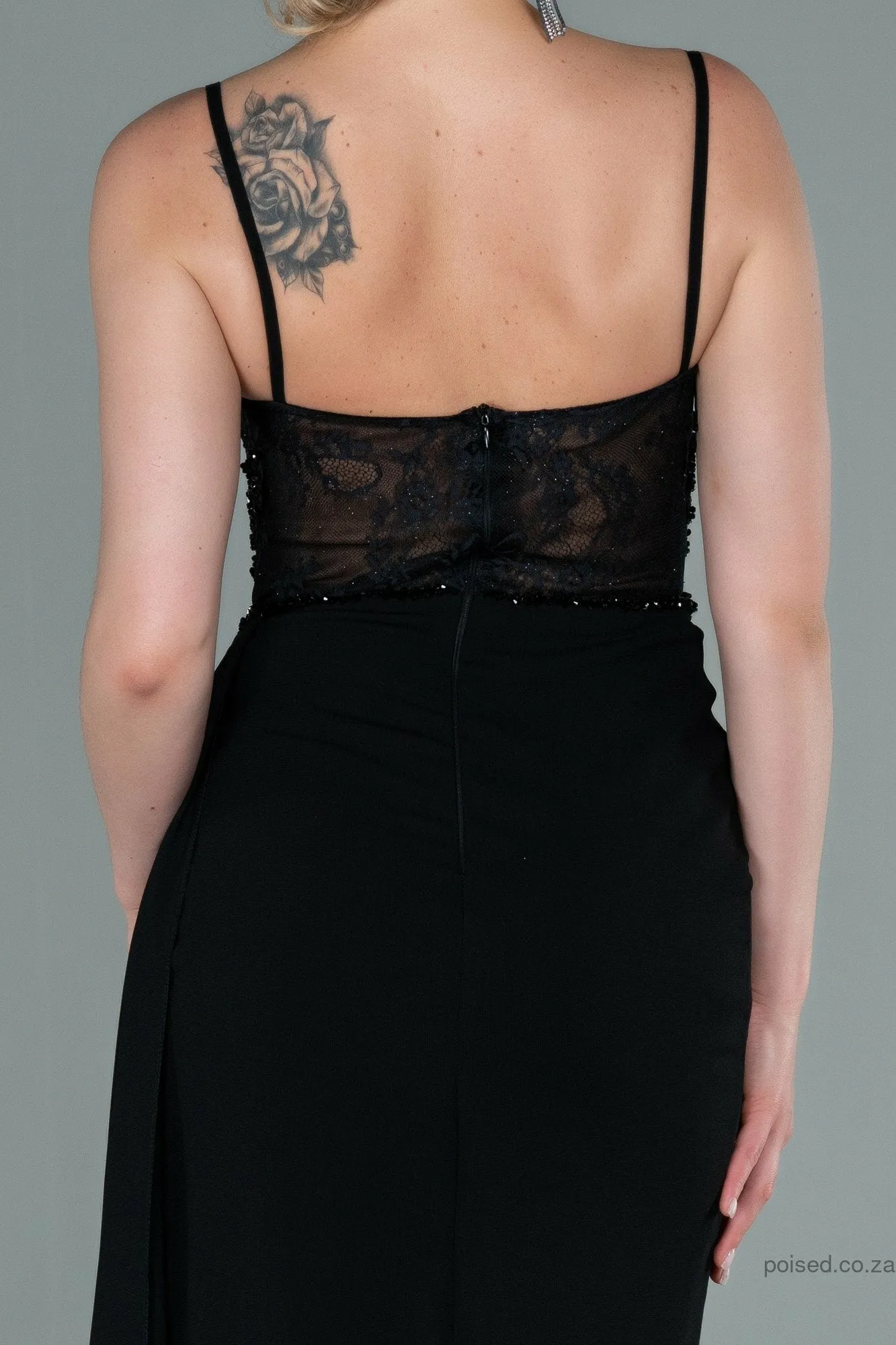 29931 Black Transparent Lace Draped Slit Dress