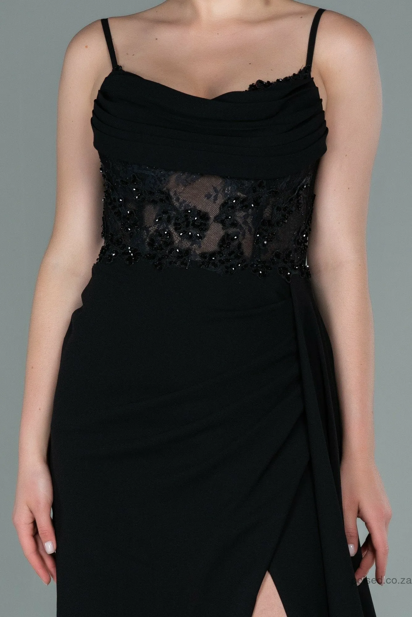 29931 Black Transparent Lace Draped Slit Dress