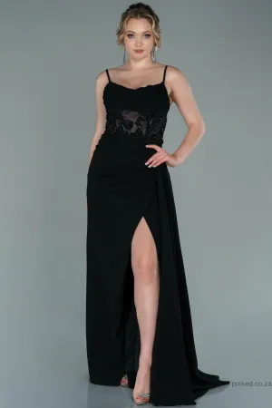 29931 Black Transparent Lace Draped Slit Dress
