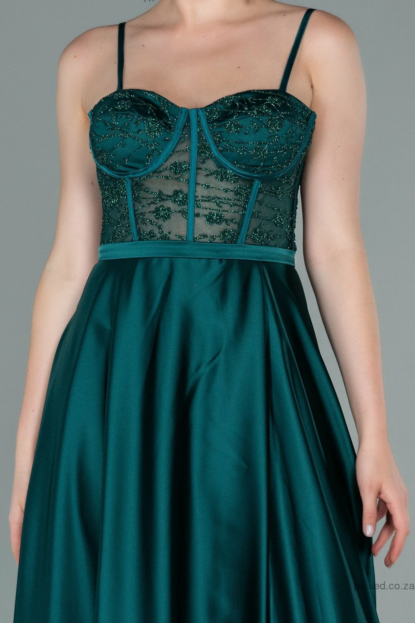 29935 Emerald Green Satin Sheer Lace Corset Dress