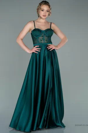 29935 Emerald Green Satin Sheer Lace Corset Dress