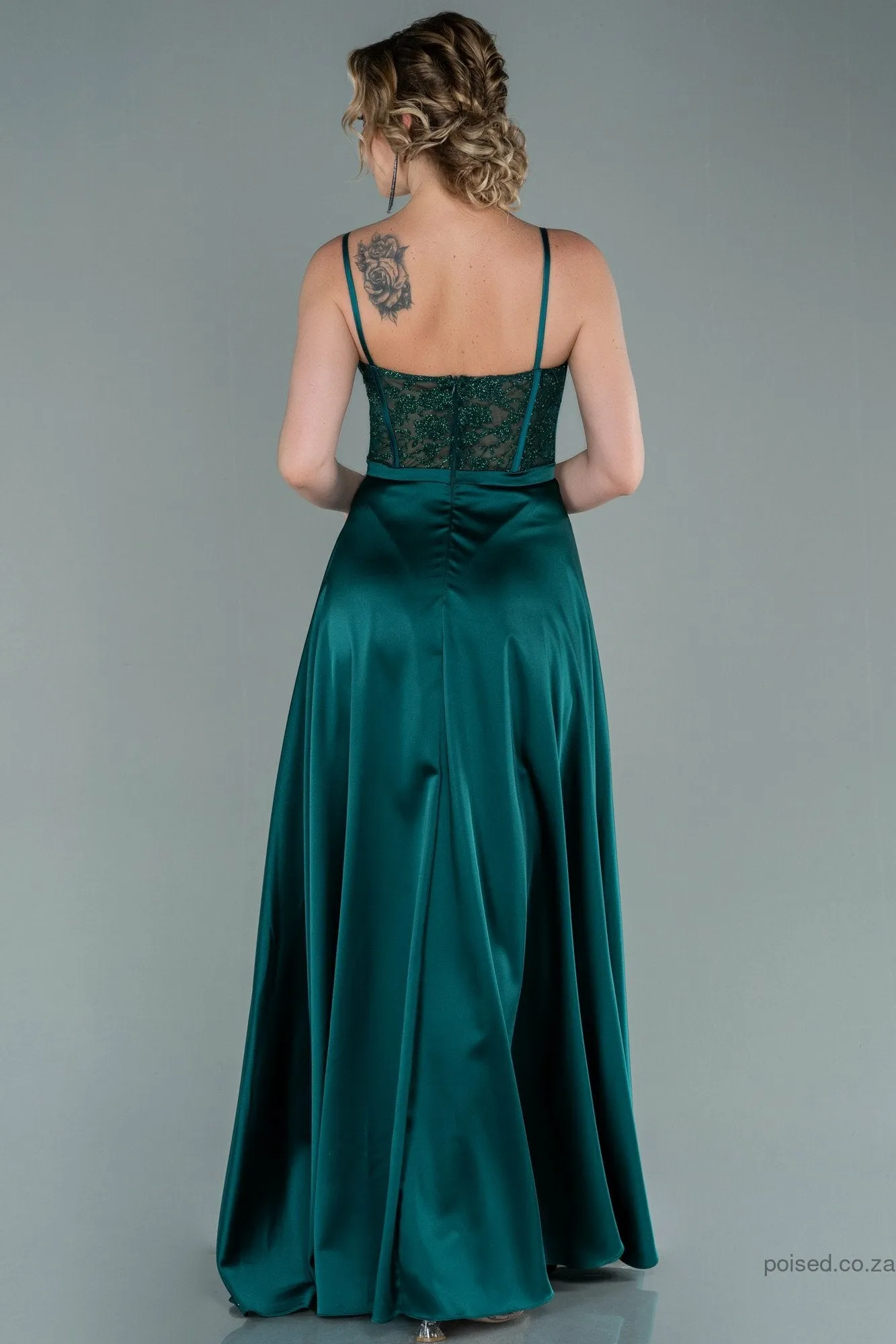 29935 Emerald Green Satin Sheer Lace Corset Dress