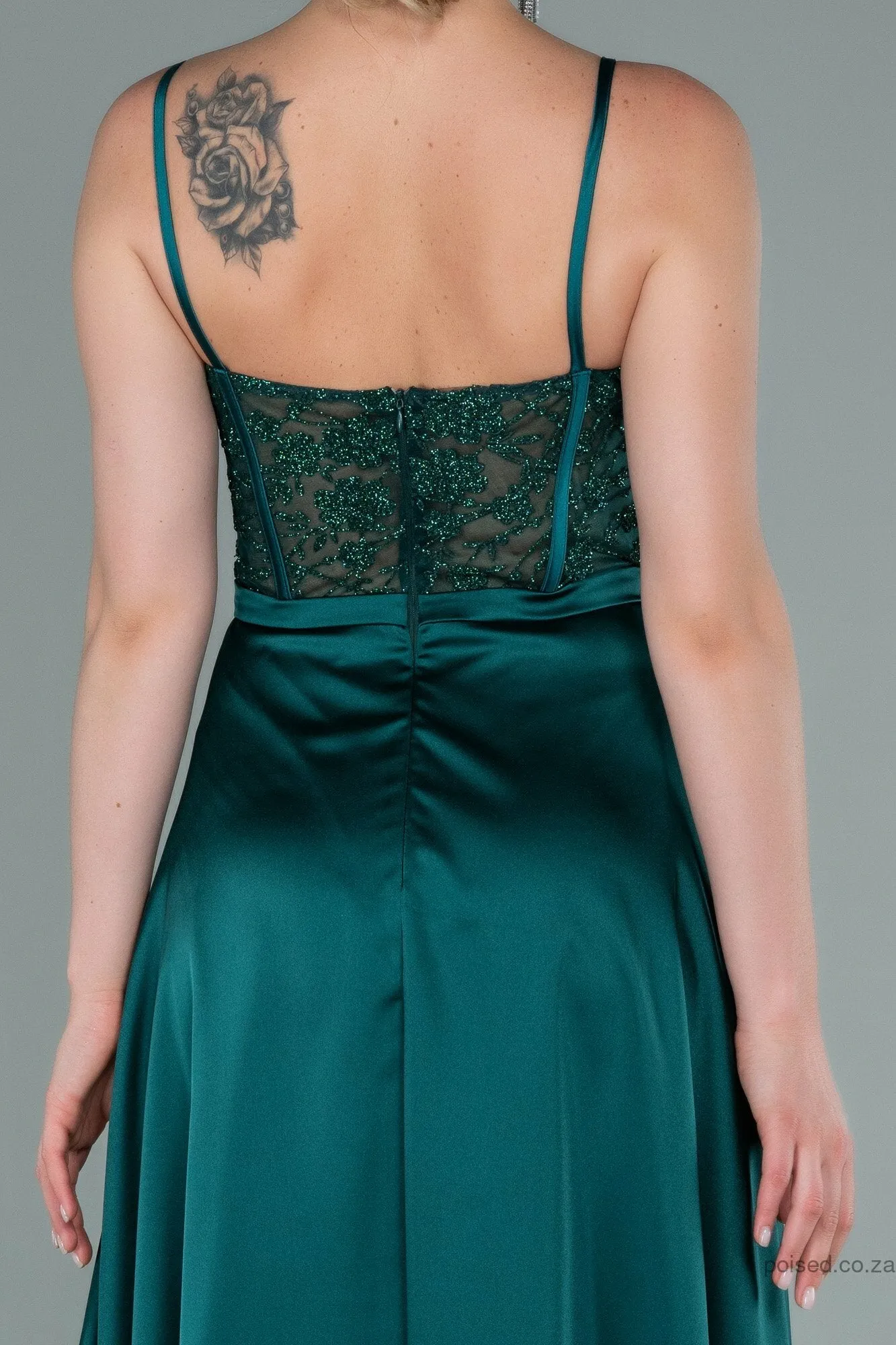 29935 Emerald Green Satin Sheer Lace Corset Dress