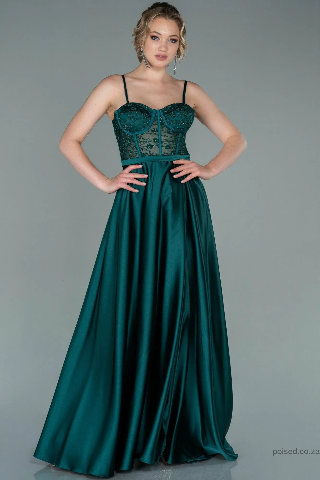 29935 Emerald Green Satin Sheer Lace Corset Dress