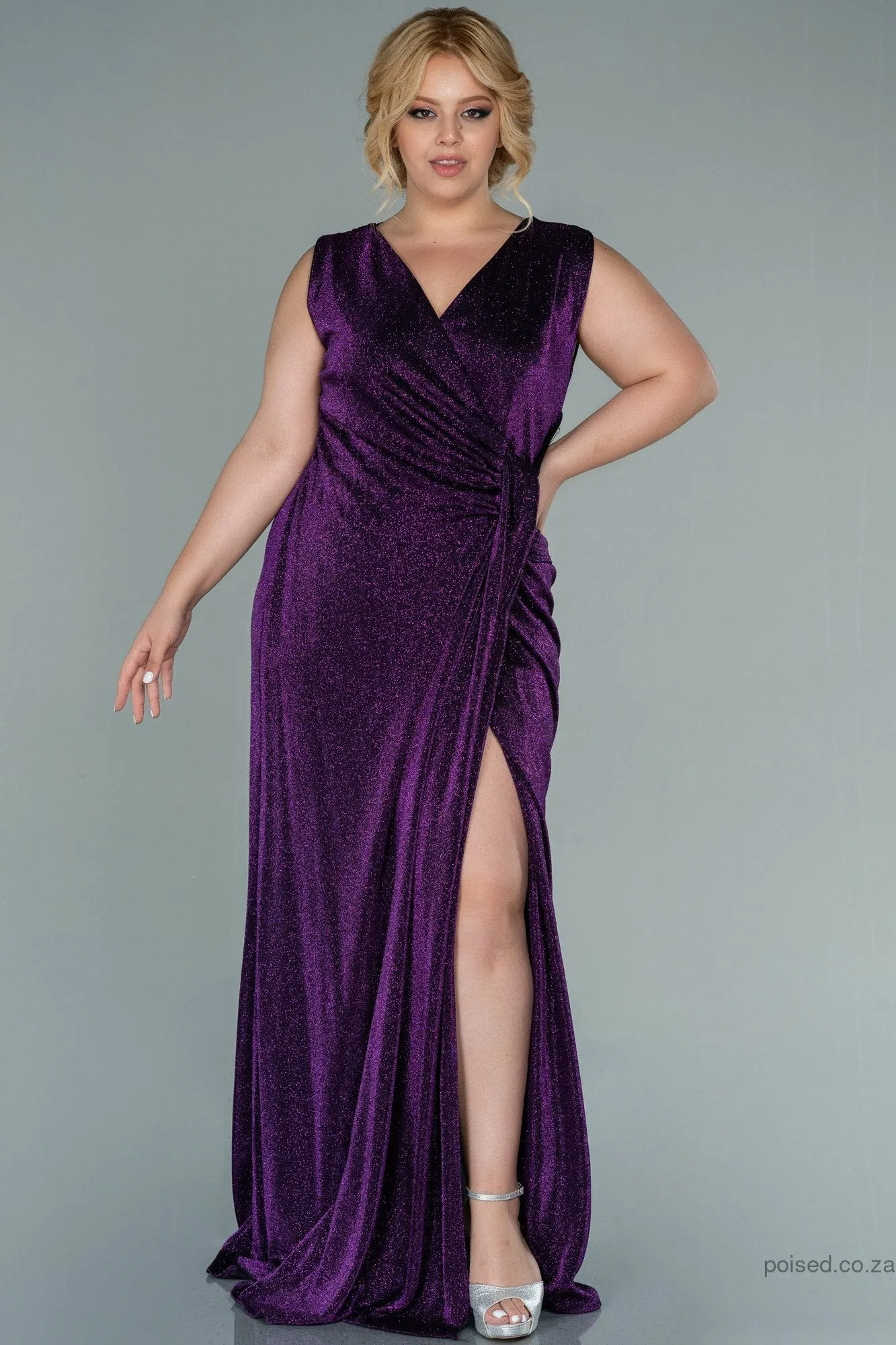 29947 Purple Draped Slit Shimmer Dress