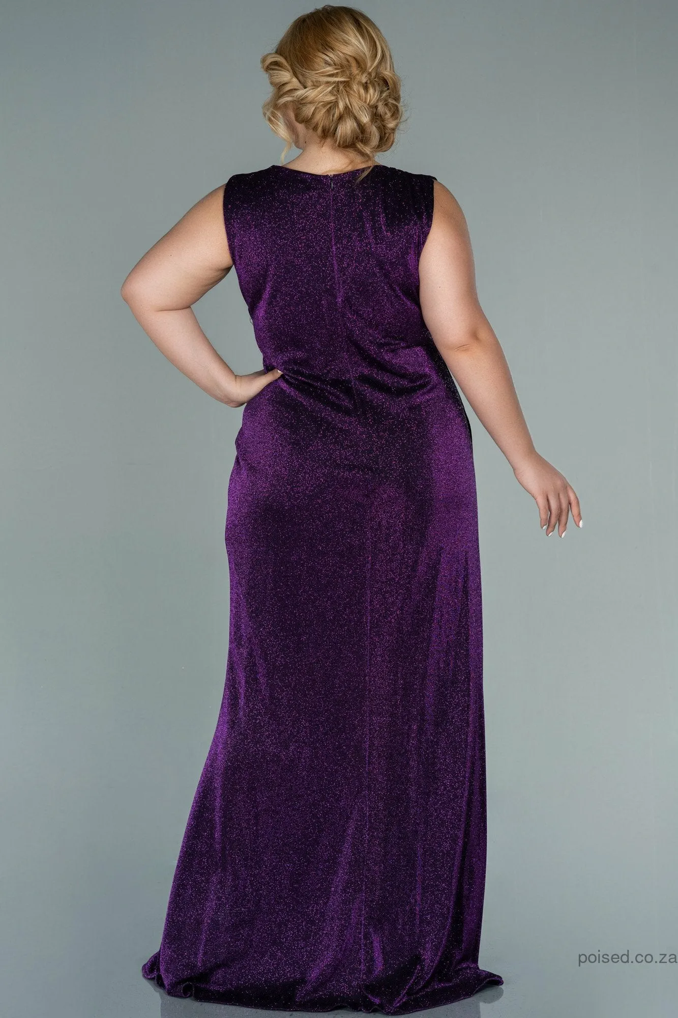 29947 Purple Draped Slit Shimmer Dress
