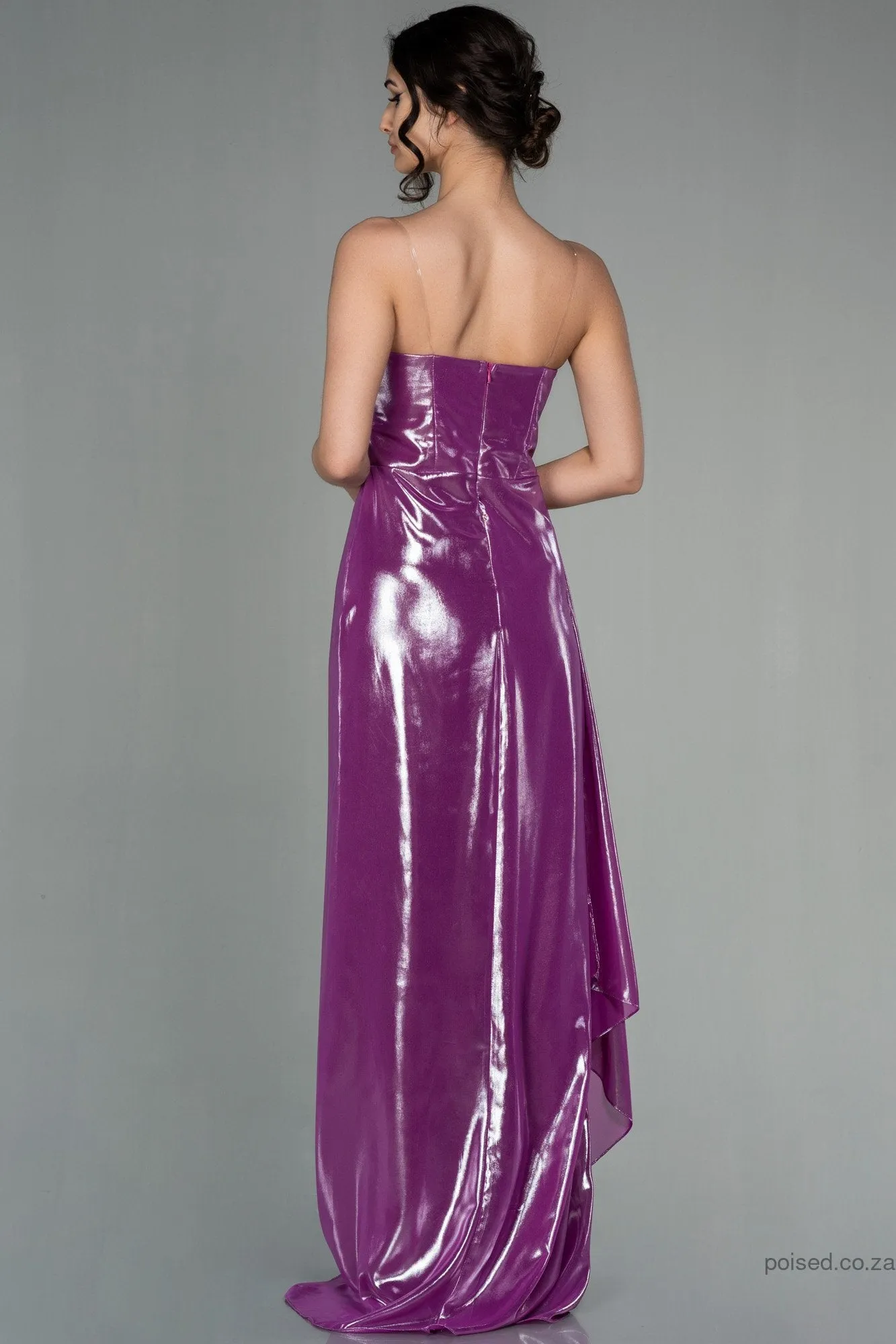 29985 Fuschia Draped Wet Look Slit Dress