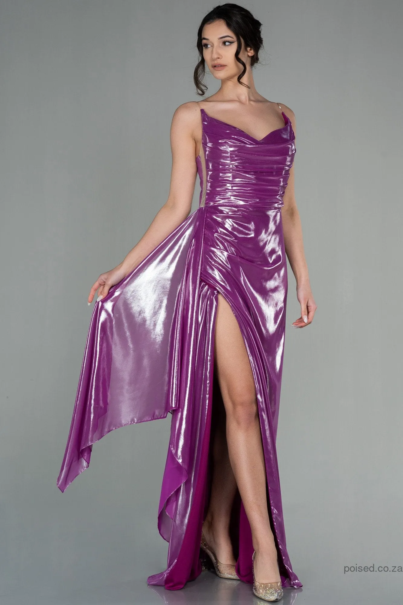 29985 Fuschia Draped Wet Look Slit Dress