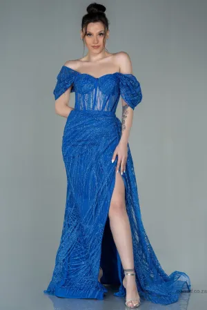 29986 Blue Off-Shoulder Sheer Corset Slit Dress