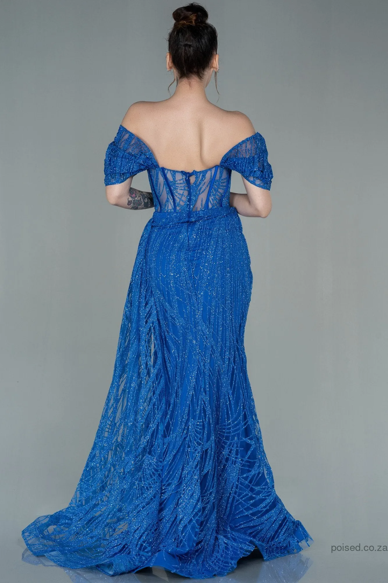 29986 Blue Off-Shoulder Sheer Corset Slit Dress