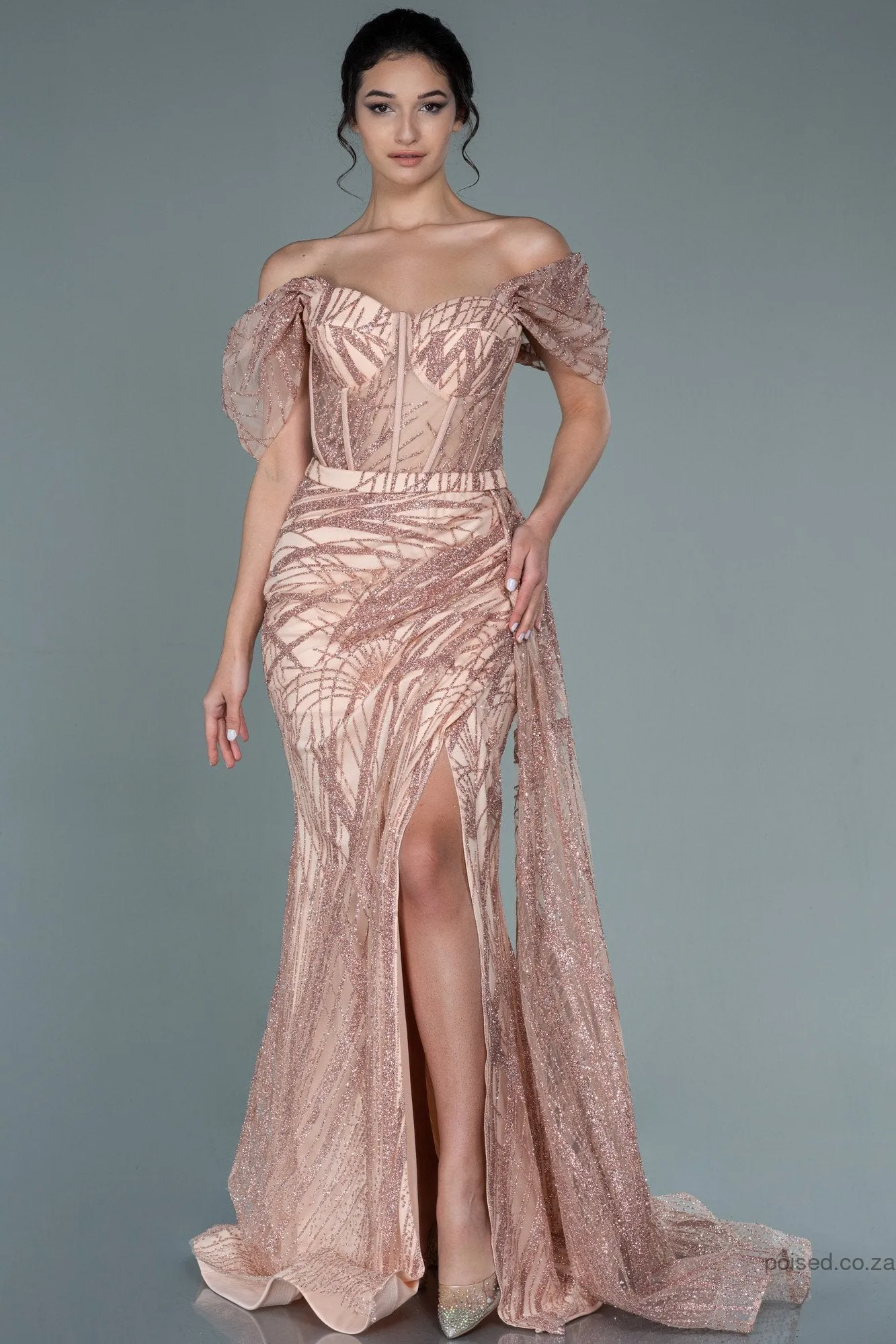 29989 Dusty Pink Off-Shoulder Sheer Corset Slit Dress