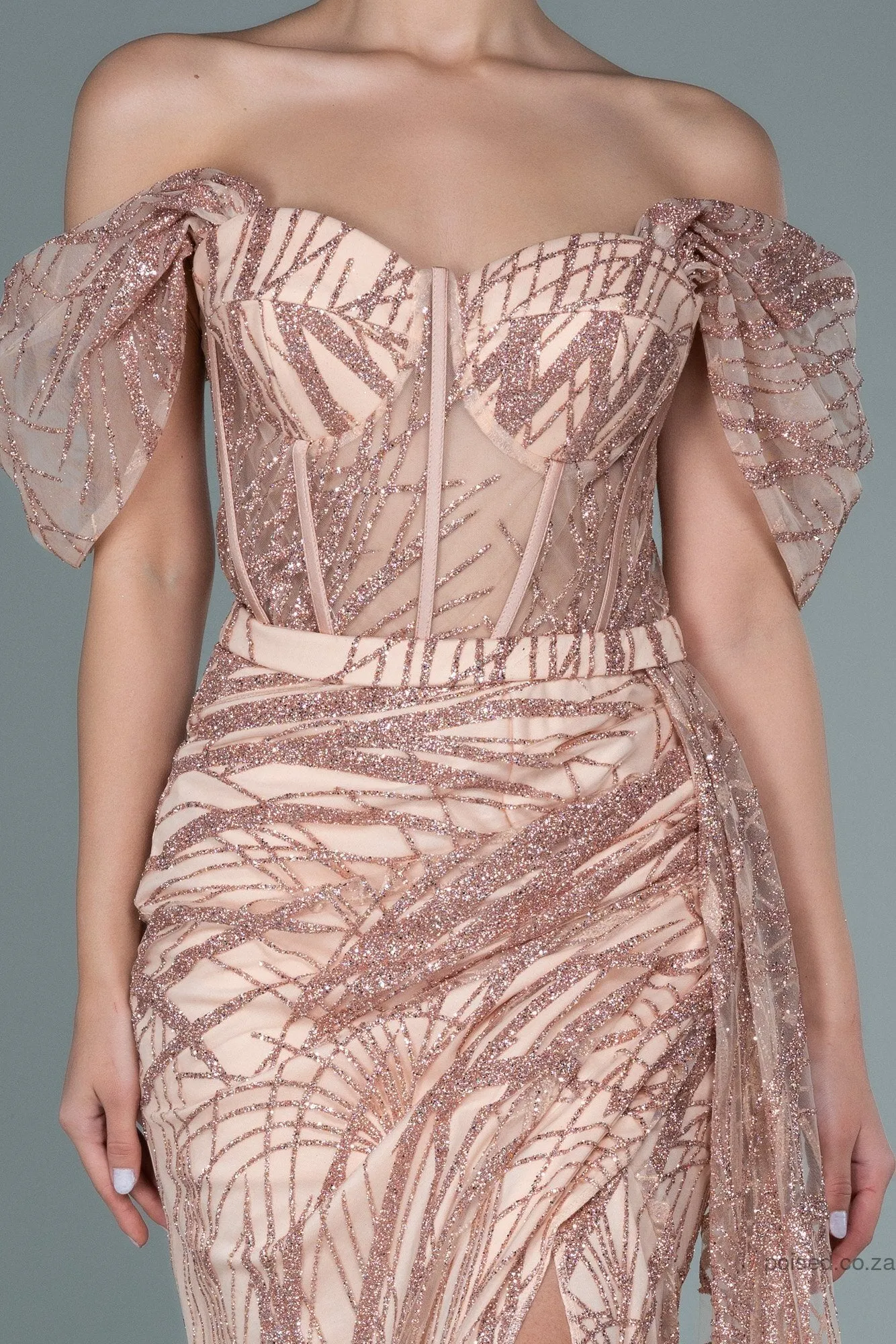 29989 Dusty Pink Off-Shoulder Sheer Corset Slit Dress