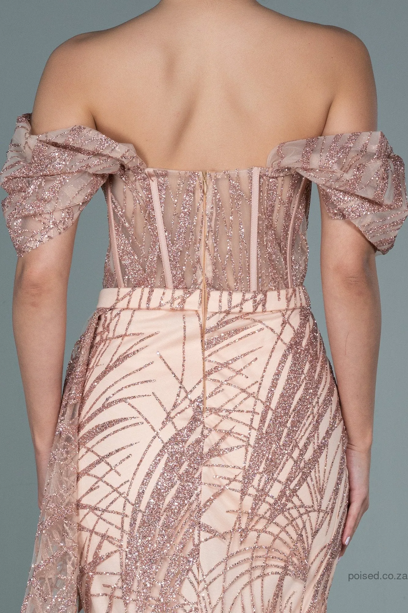 29989 Dusty Pink Off-Shoulder Sheer Corset Slit Dress