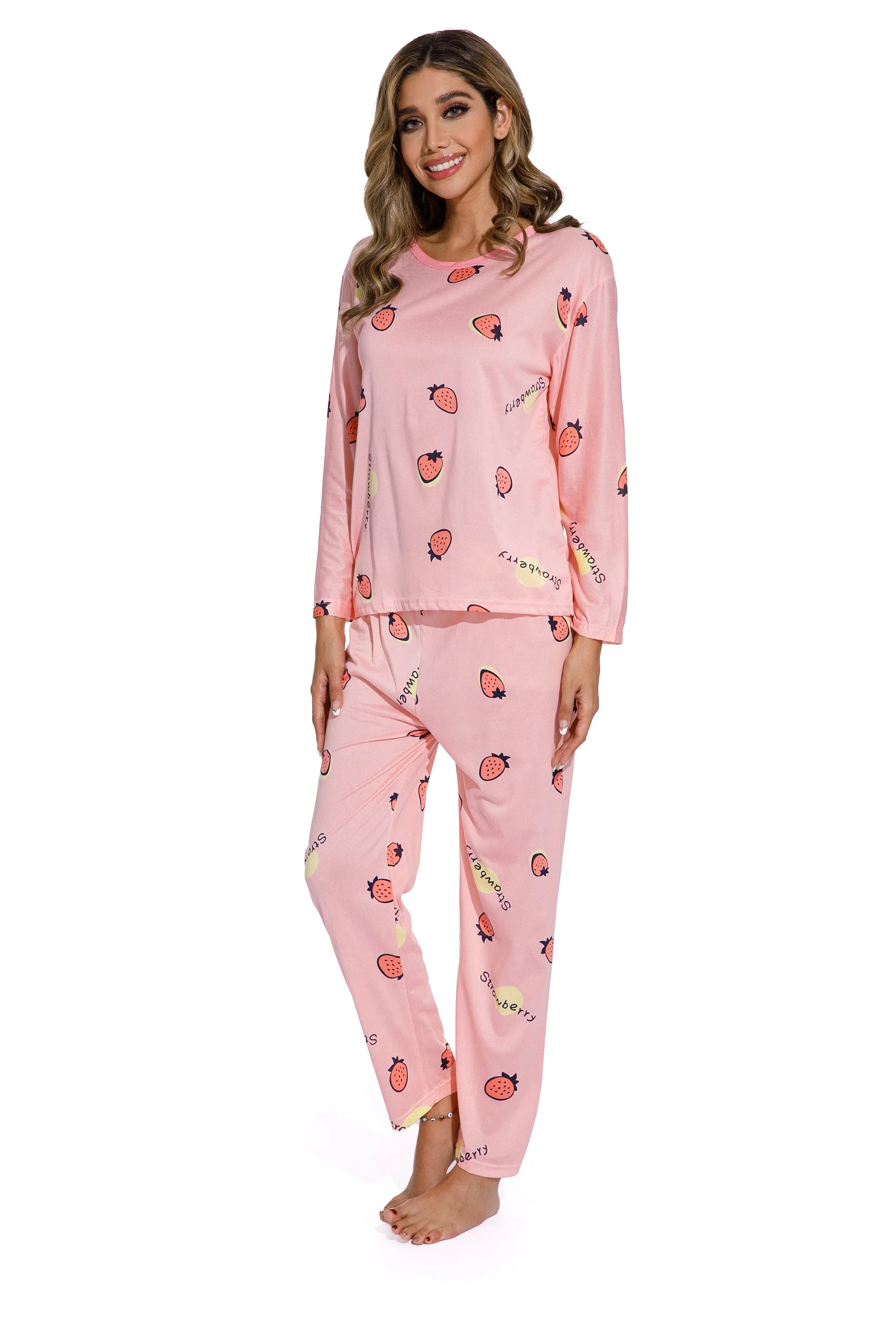 2Piece Strawberry Print Pajamas Suit