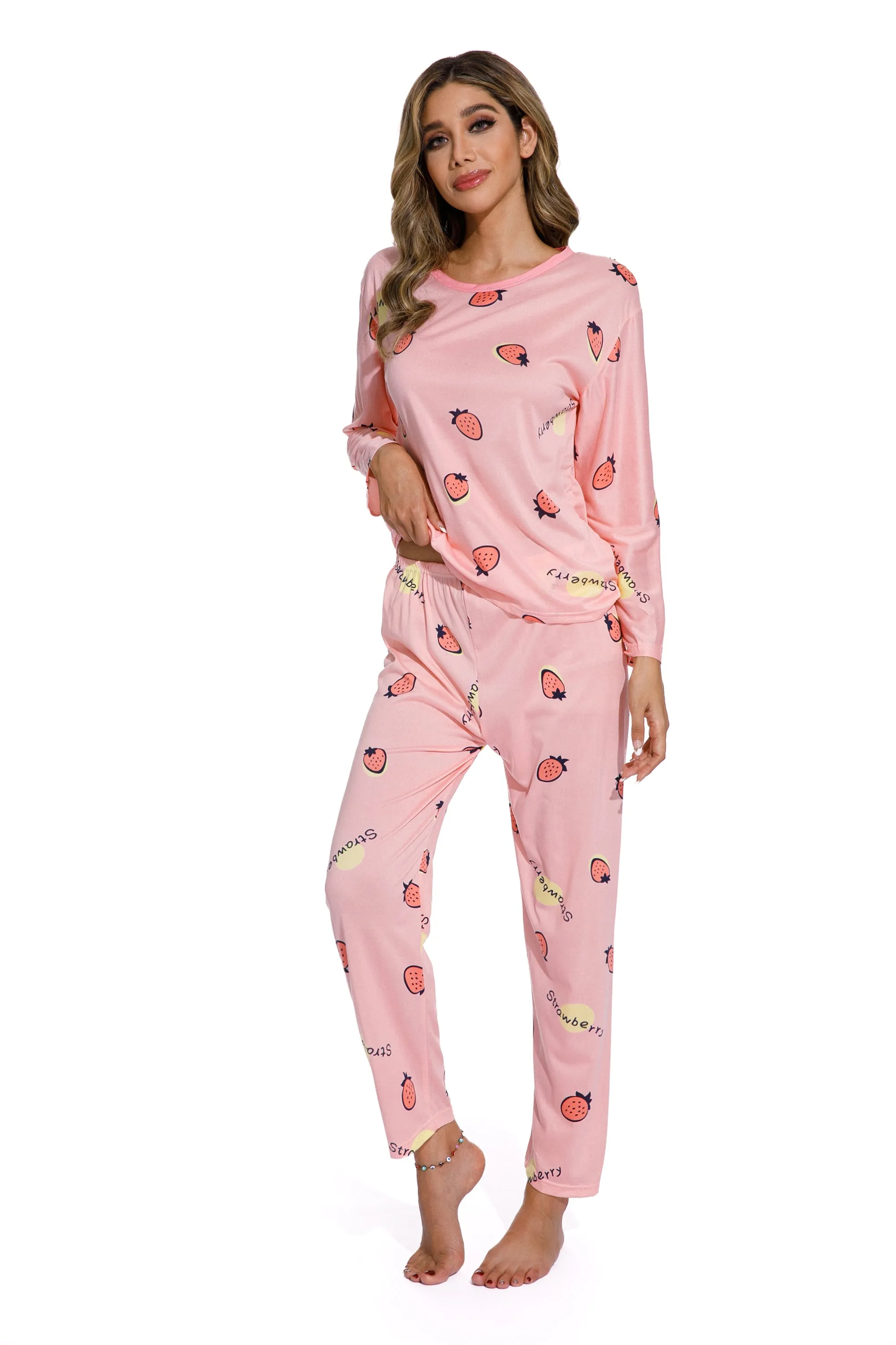 2Piece Strawberry Print Pajamas Suit