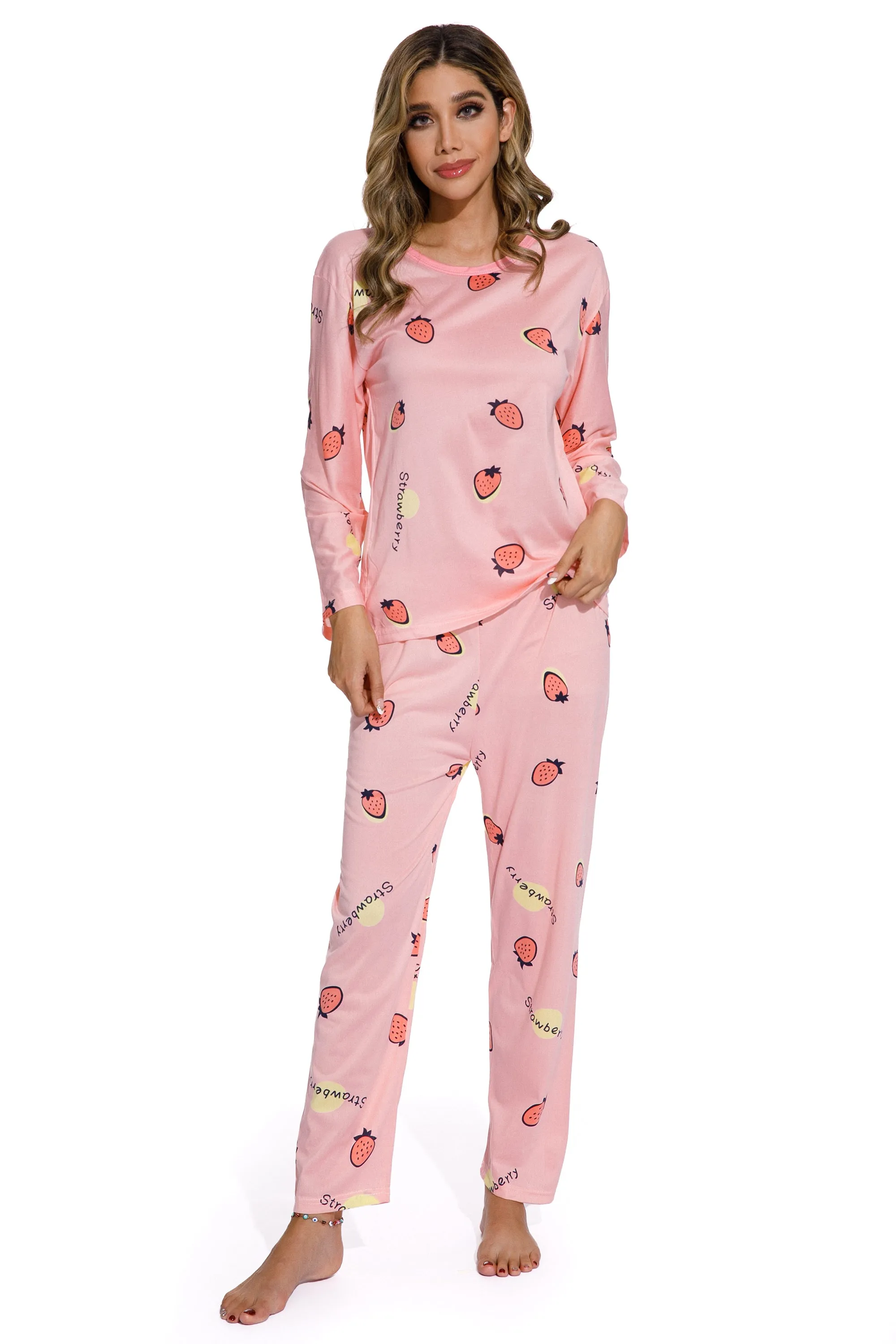 2Piece Strawberry Print Pajamas Suit