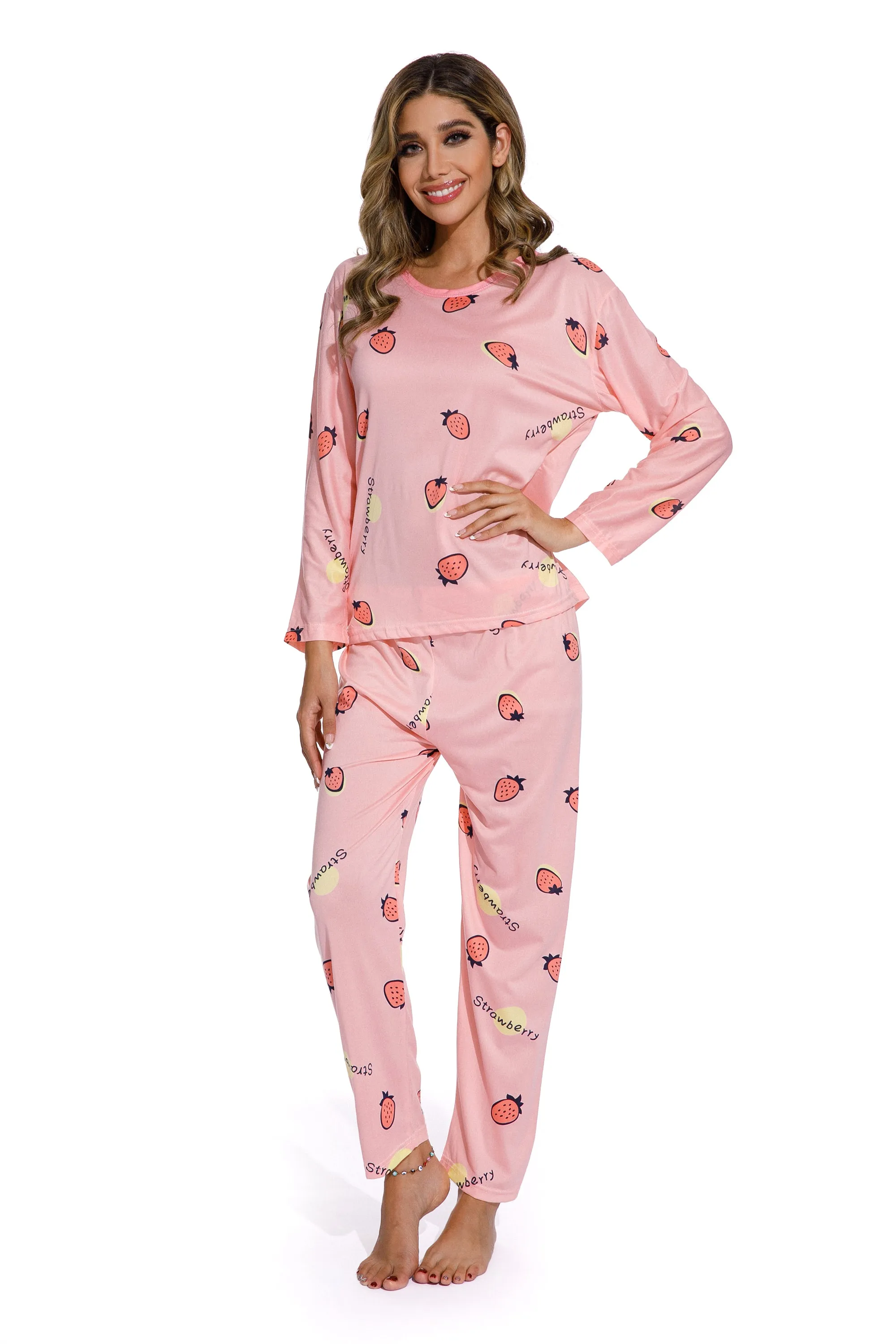 2Piece Strawberry Print Pajamas Suit