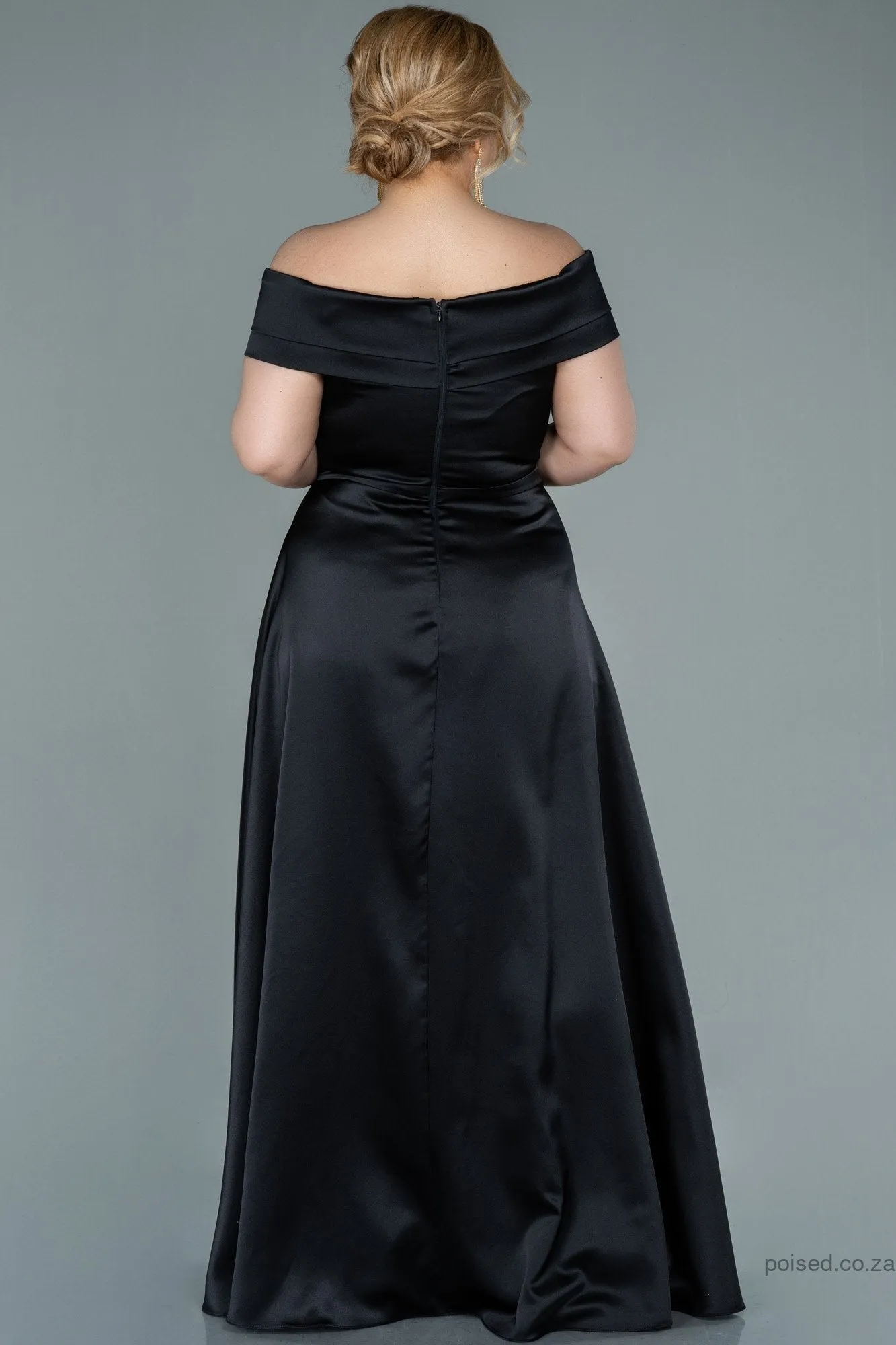 30014 Black Off-Shoulder Slit Satin Dress