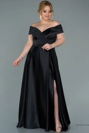 30014 Black Off-Shoulder Slit Satin Dress