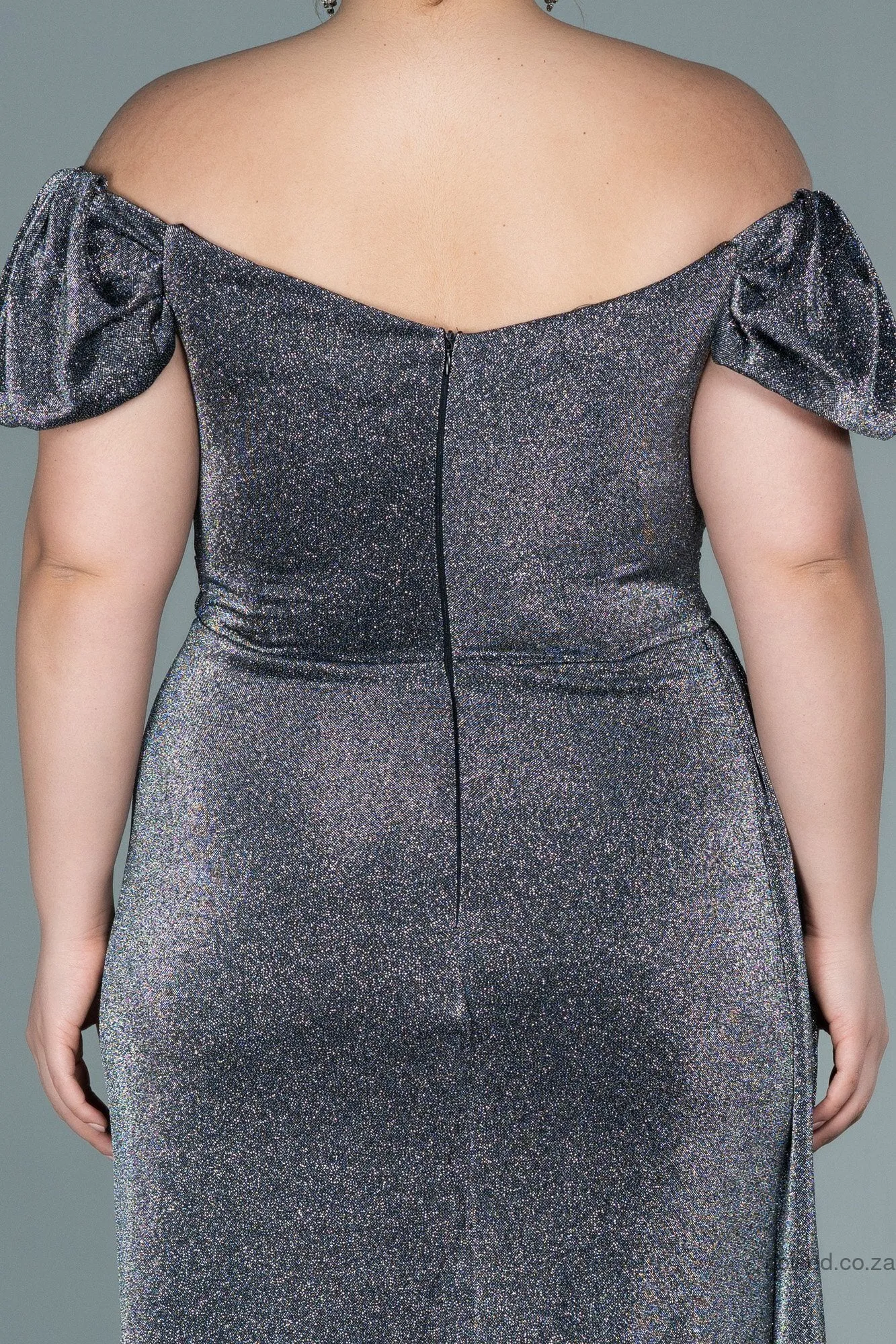 30024 Grey Off-Shoulder Draped Shimmer Slit Dress