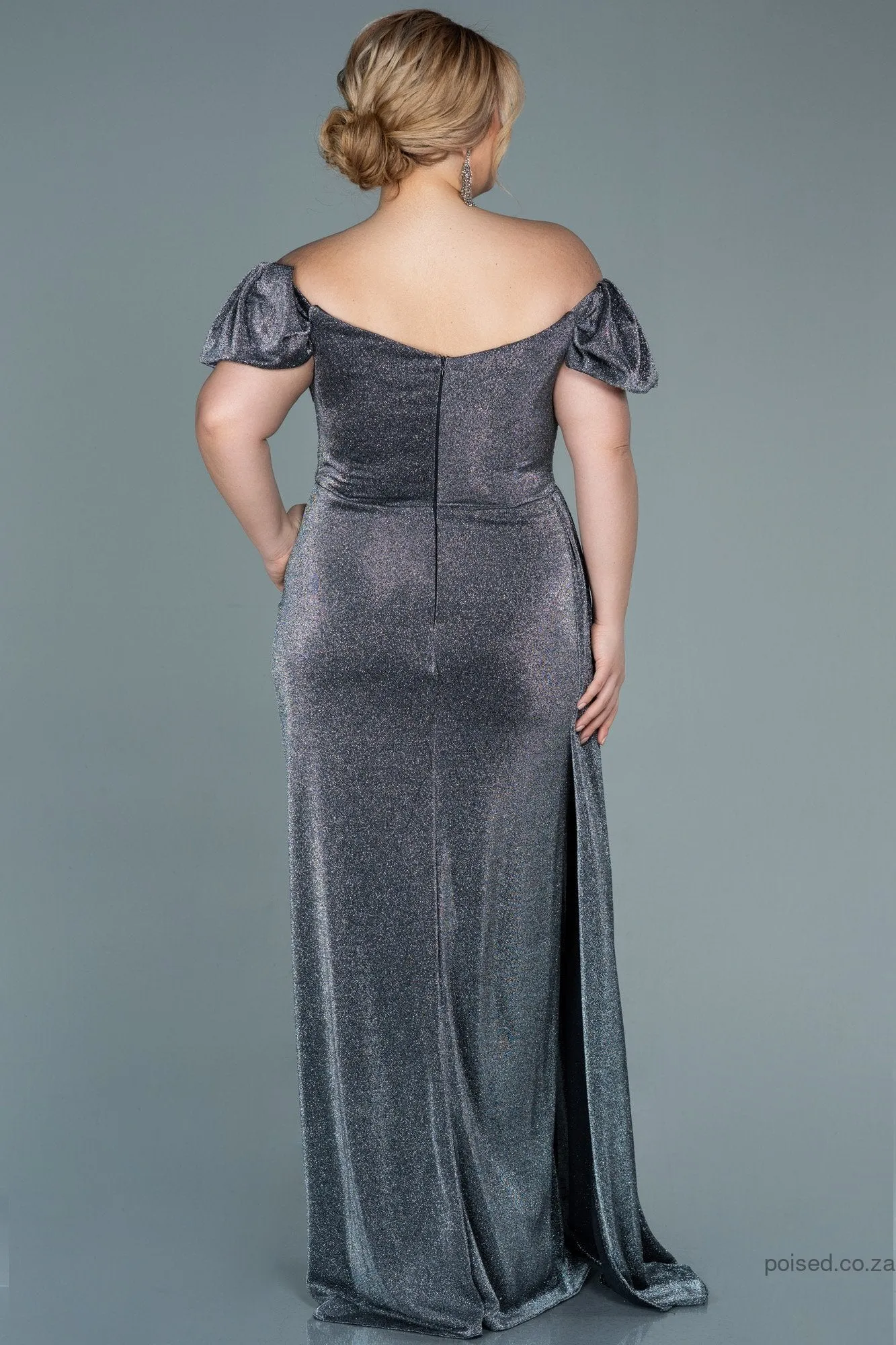 30024 Grey Off-Shoulder Draped Shimmer Slit Dress